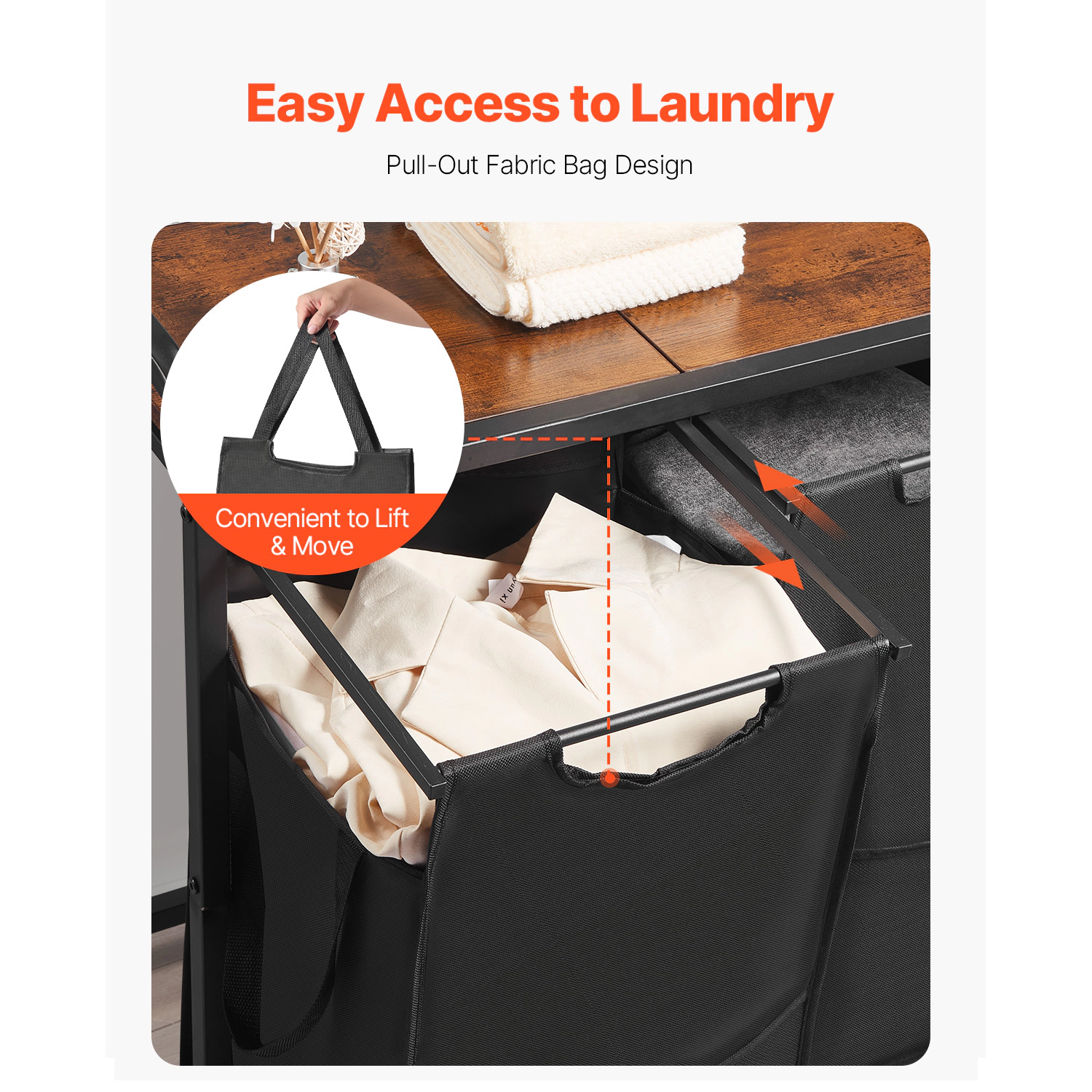 HONGGE 4-Section Laundry Sorter Hamper with Wood Tabletop, Metal Frame & Pull-Out 600D Oxford Fabric Bags