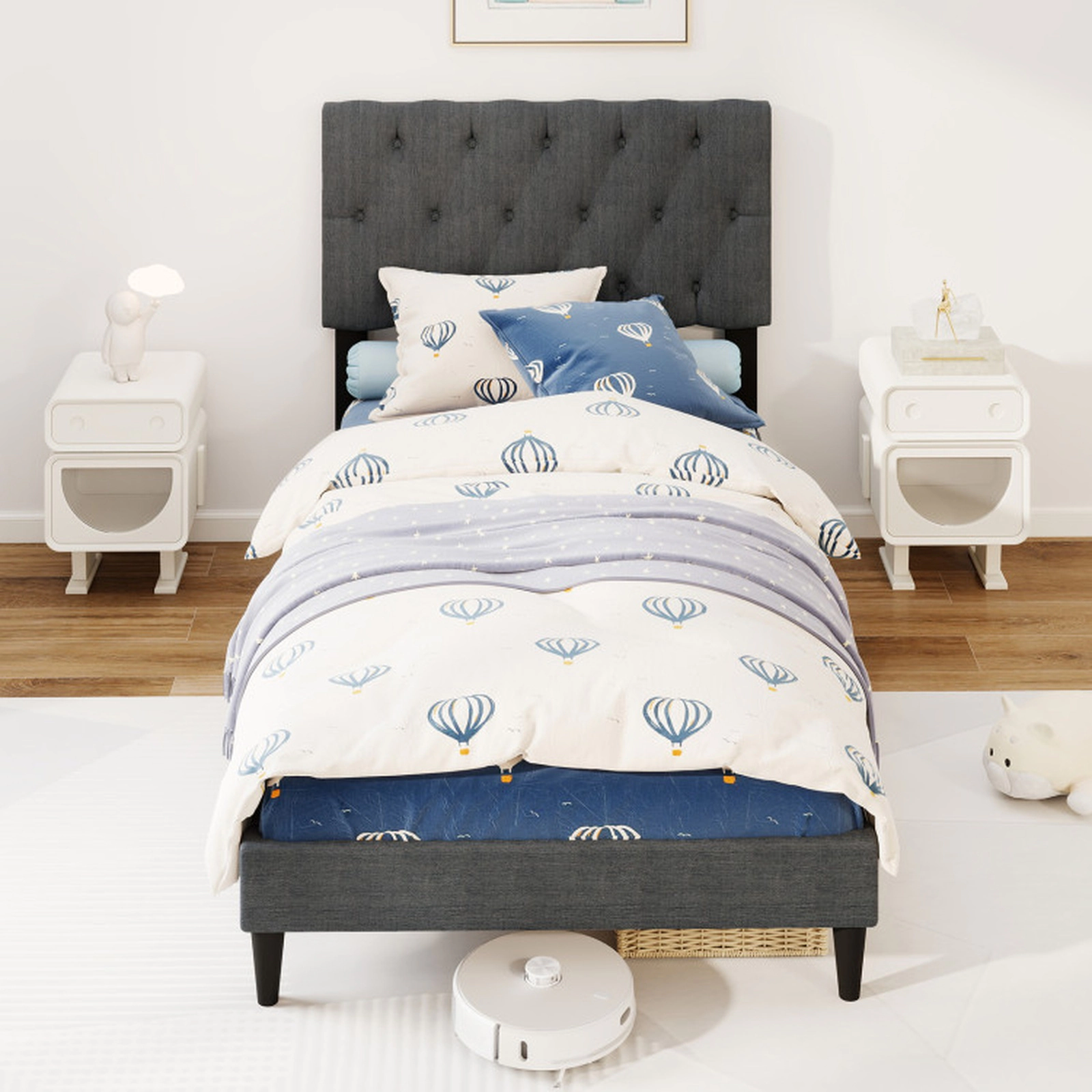 SUGIFT Gray Button-Tufted Headboard and Slats Twin Size Upholstered Platform Bed