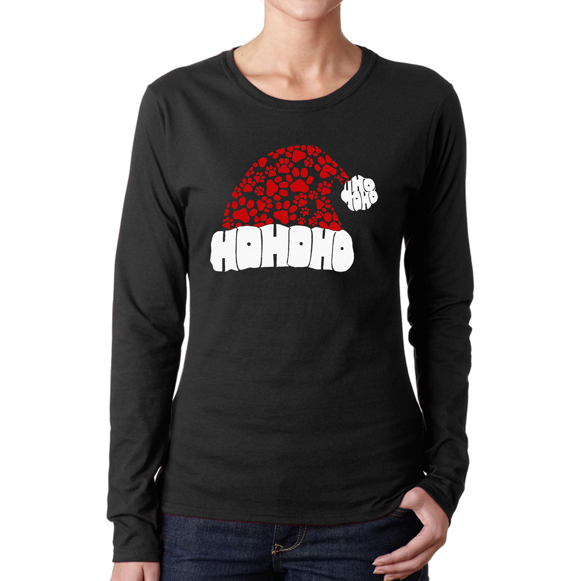 LA Pop Art Women's Word Long Sleeve T-Shirt - Paw Print Santa Hat