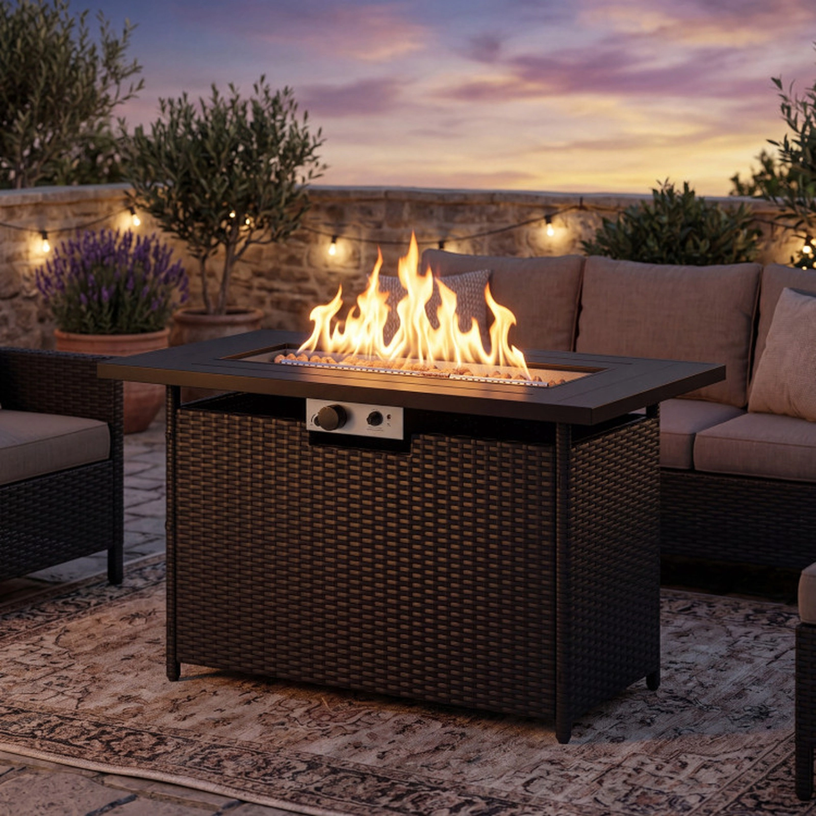 SUGIFT 44.5-in Propane Fire Pit Table, 50,000 BTU Stainless Steel Burner, Rattan Finish