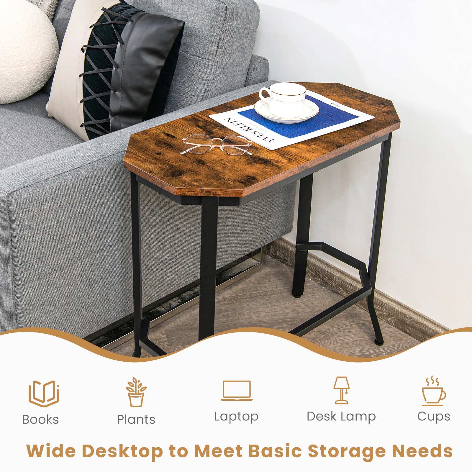 Hivvago Narrow End Table with Rustic Wood Grain and Stable Steel Frame