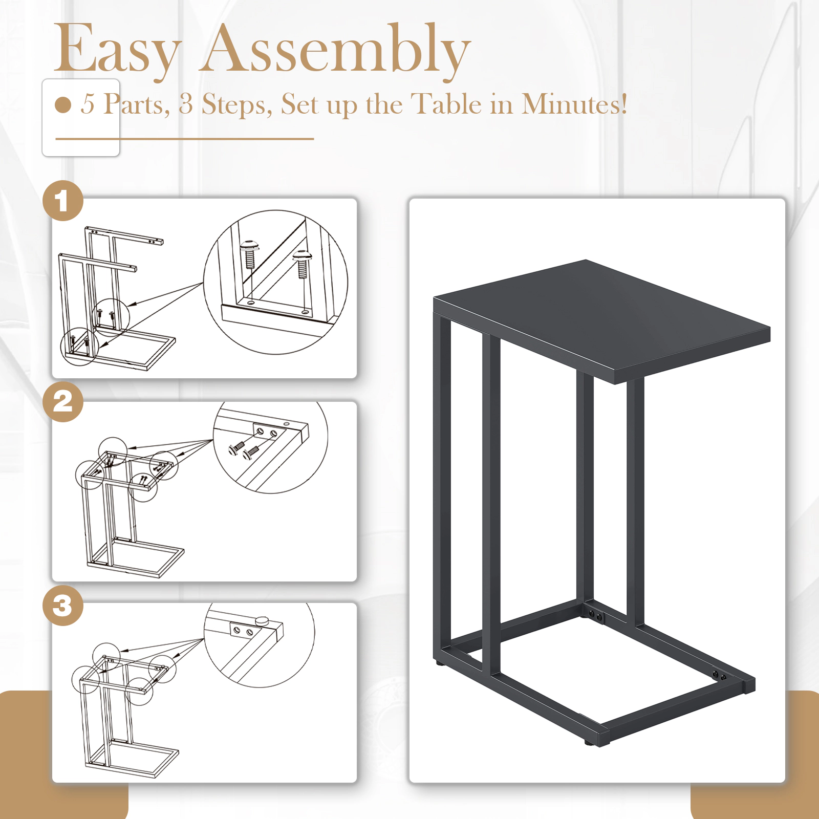 Glintex All-Metal C-Shaped Side Table with Reinforced Crossbars and Adjustable Pads, Dark Gray