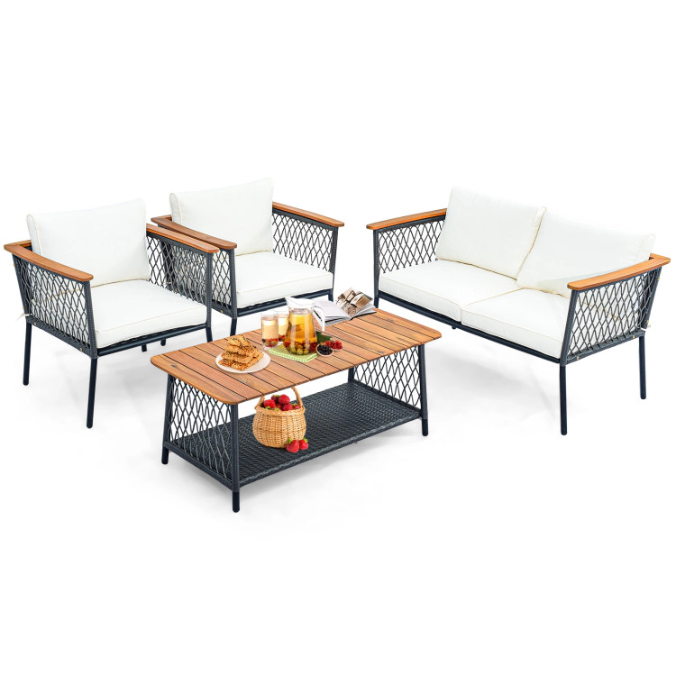Hivvago 4 Piece Patio Rattan Furniture Set With 2-Tier Coffee Table-White