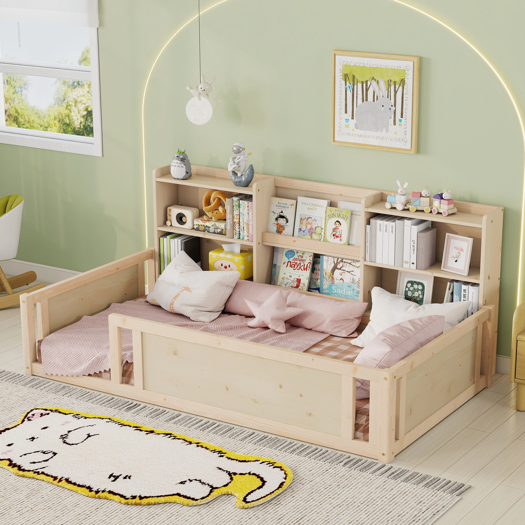 Flynama Twin Wooden Floor Bed, Guardrail Fence & Side Storage Shelves, Natural