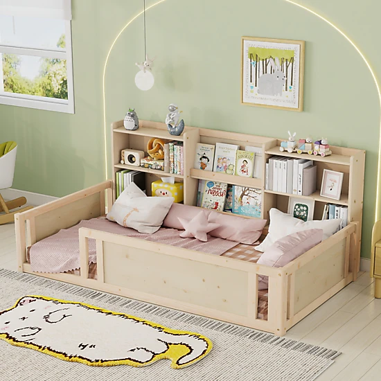 Flynama Twin Wooden Floor Bed, Guardrail Fence & Side Storage Shelves, Natural