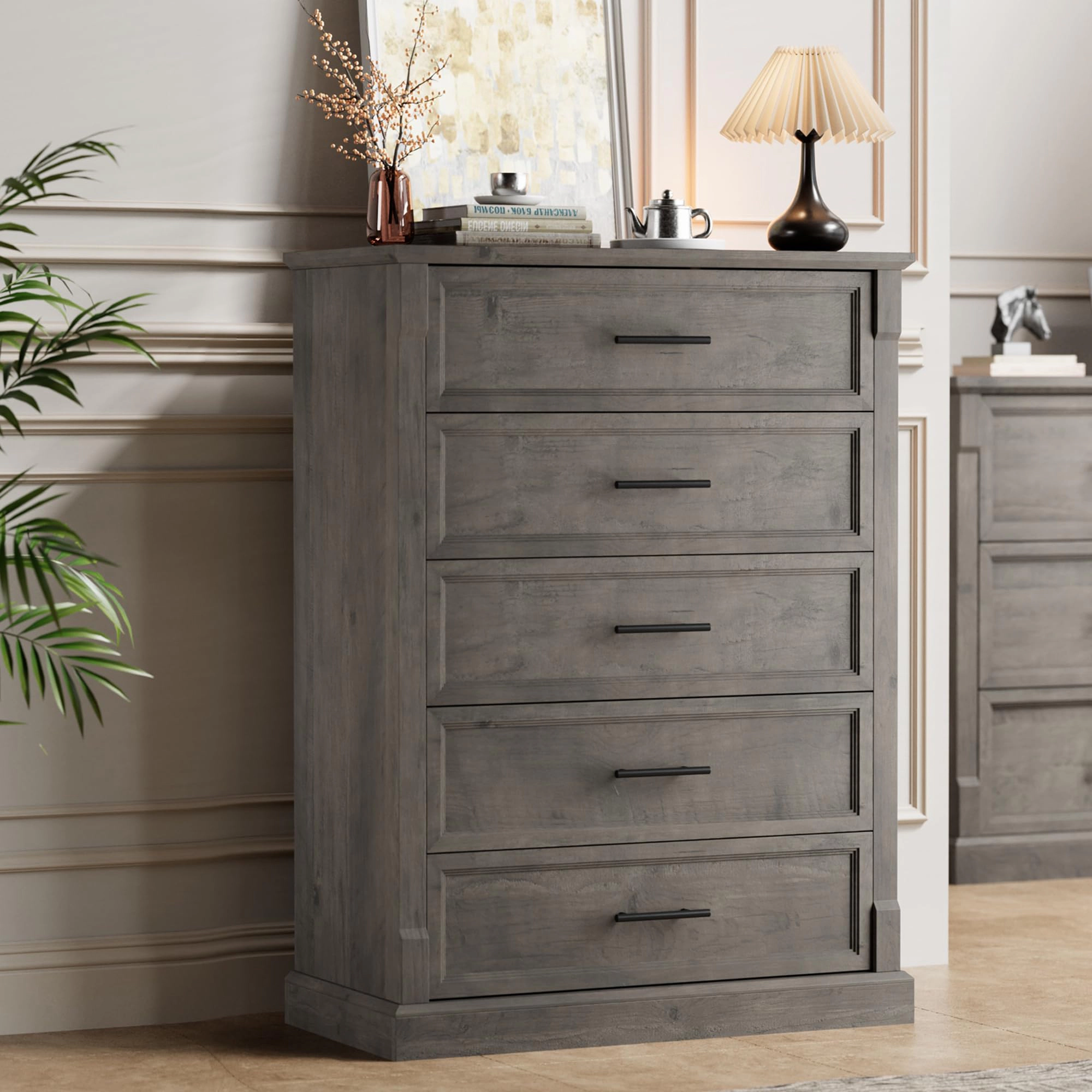 Farmhouse 5 Drawer Tall Dresser with Metal Handles, Rustic Wooden Chest for Bedroom Living Room Hallway