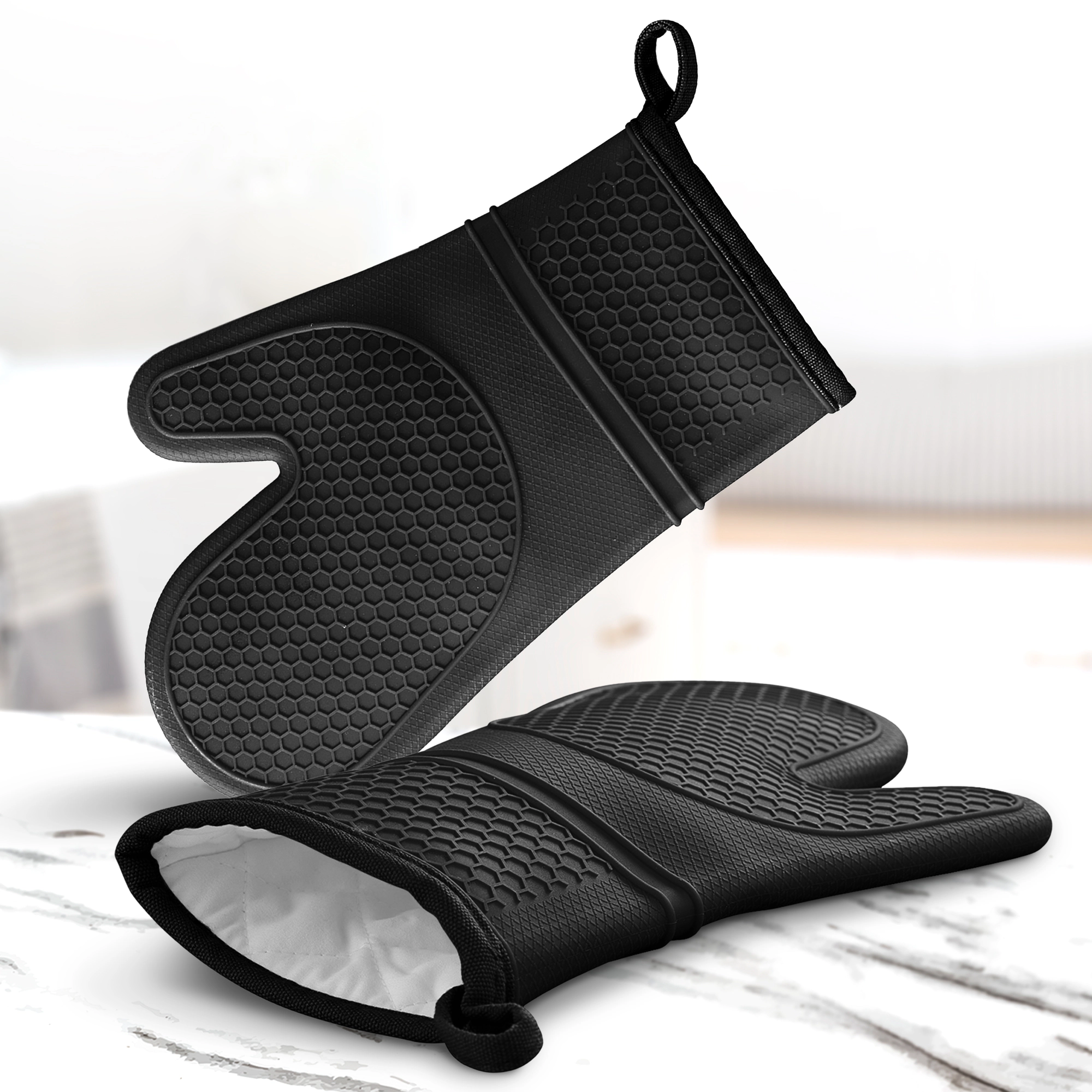 Cheer Collection 2 Pack Silicone Oven Mitts with Cotton Lining Textured Grip and Waterproof Design
