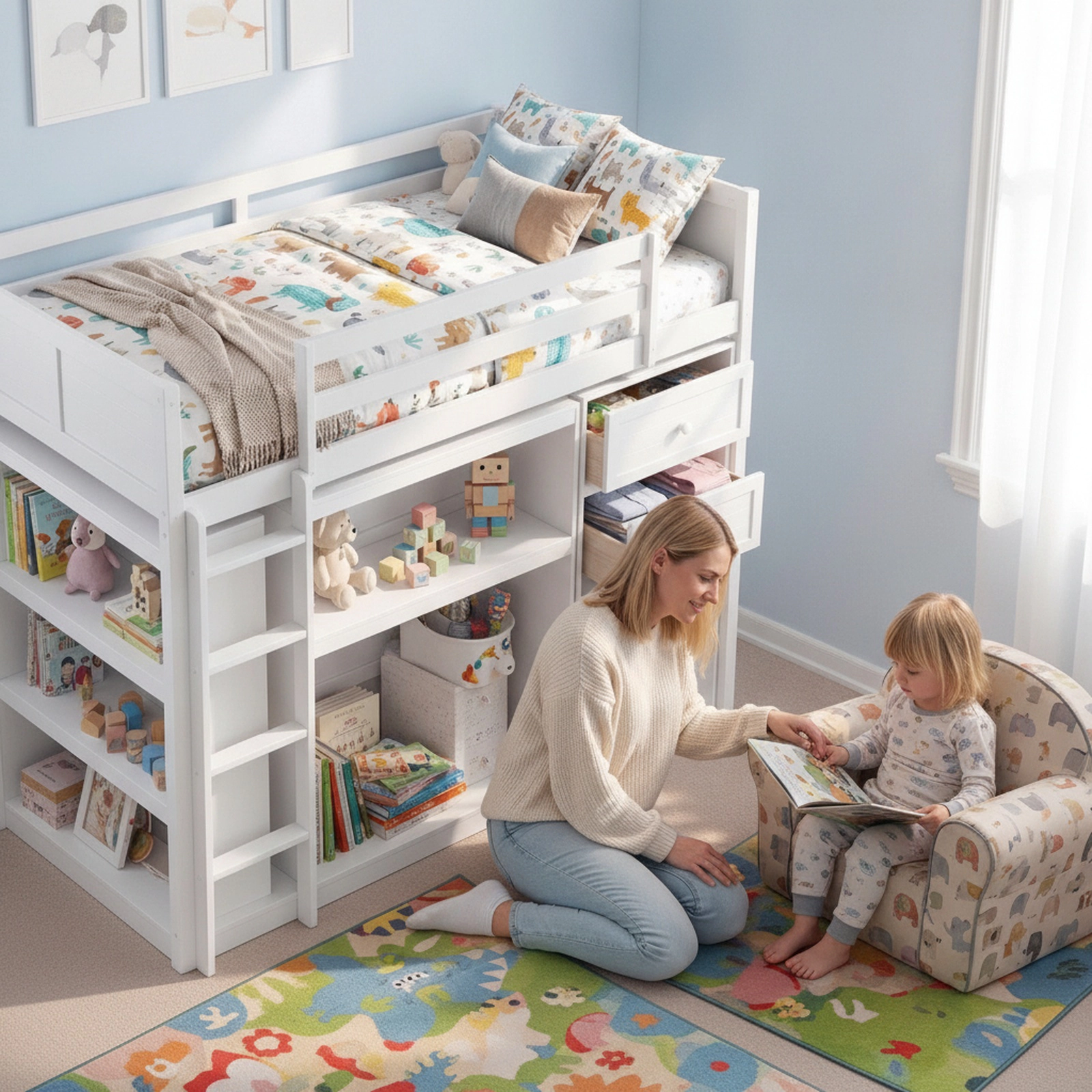 SUGIFT Twin Loft Bed for Kids with LED Lights, 3 Drawers, 4 Shelves, White