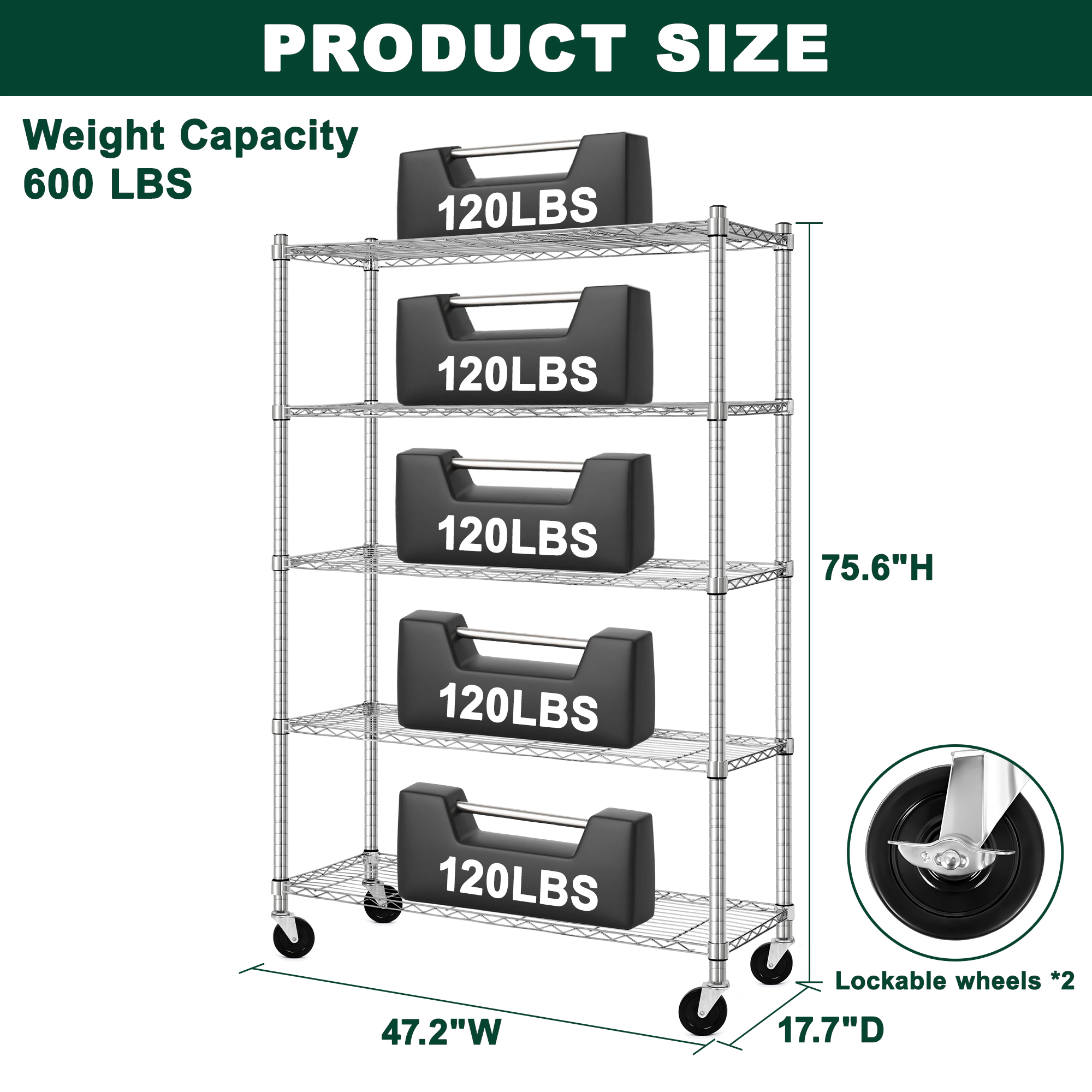 Flynama 5-Shelf Garage Pantry Shelving on Wheels, Heavy Duty Steel, Chrome (47"W x 76"H x 18"D)