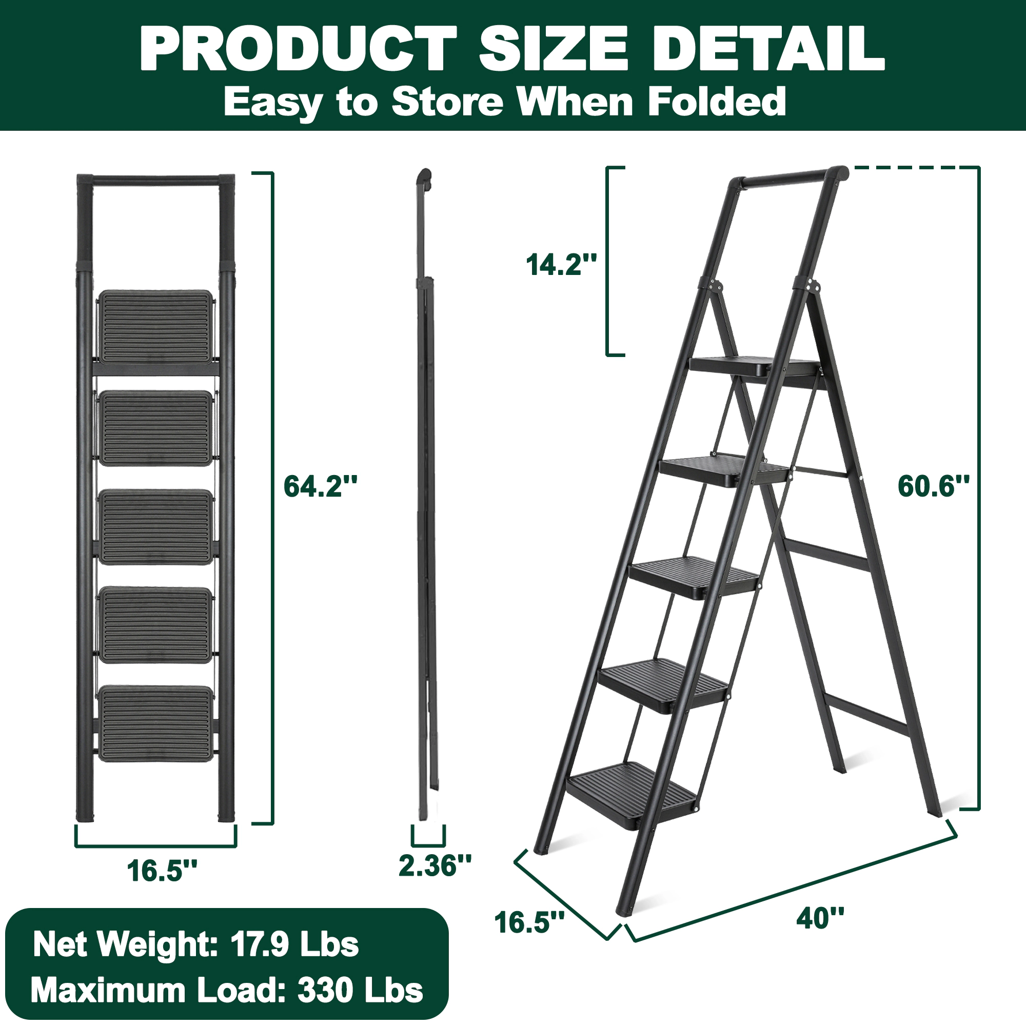 XJ 5 Step Ladder- 330lb Capacity Steel Foldable Step Stool (Black)
