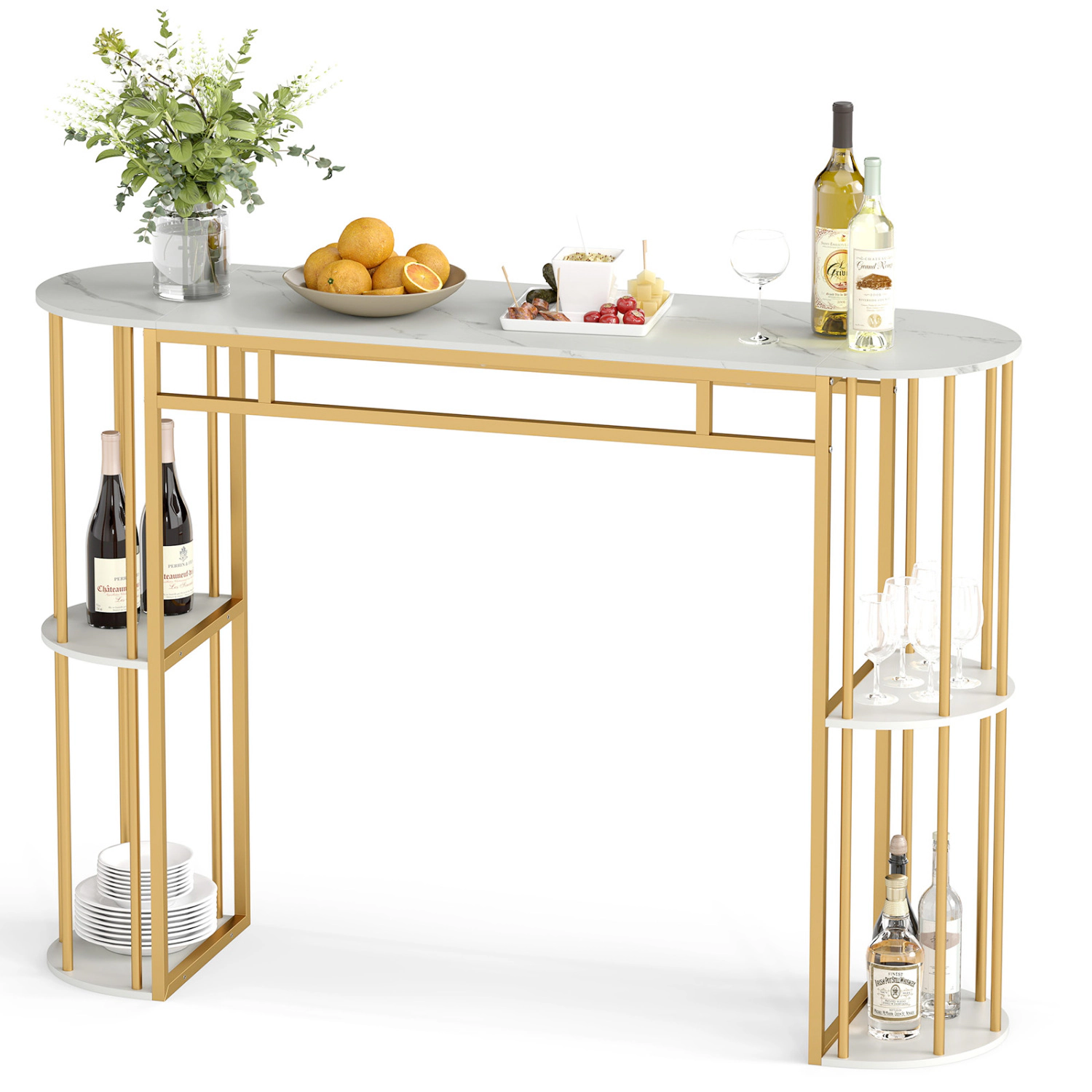 SUGIFT 60-in Long Narrow Bar Table with Faux Marble Tabletop and Storage Shelves 135-lb Capacity Black/Golden and White