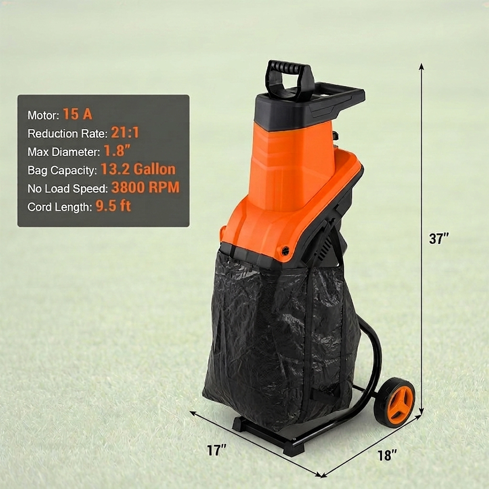 SUGIFT 15-Amp Electric Wood Chipper Shredder Mulcher 1.8-in Max Cutting Diameter Green/Orange+Black
