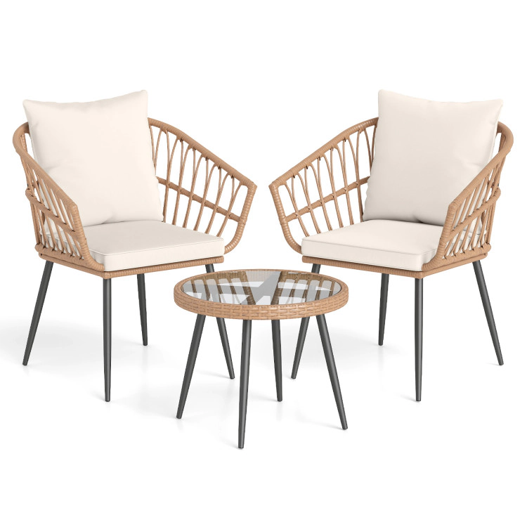 Hivvago 3 Piece Patio Bistro Set With Pe Rattan Wicker Chairs And Tempered Glass Coffee Table