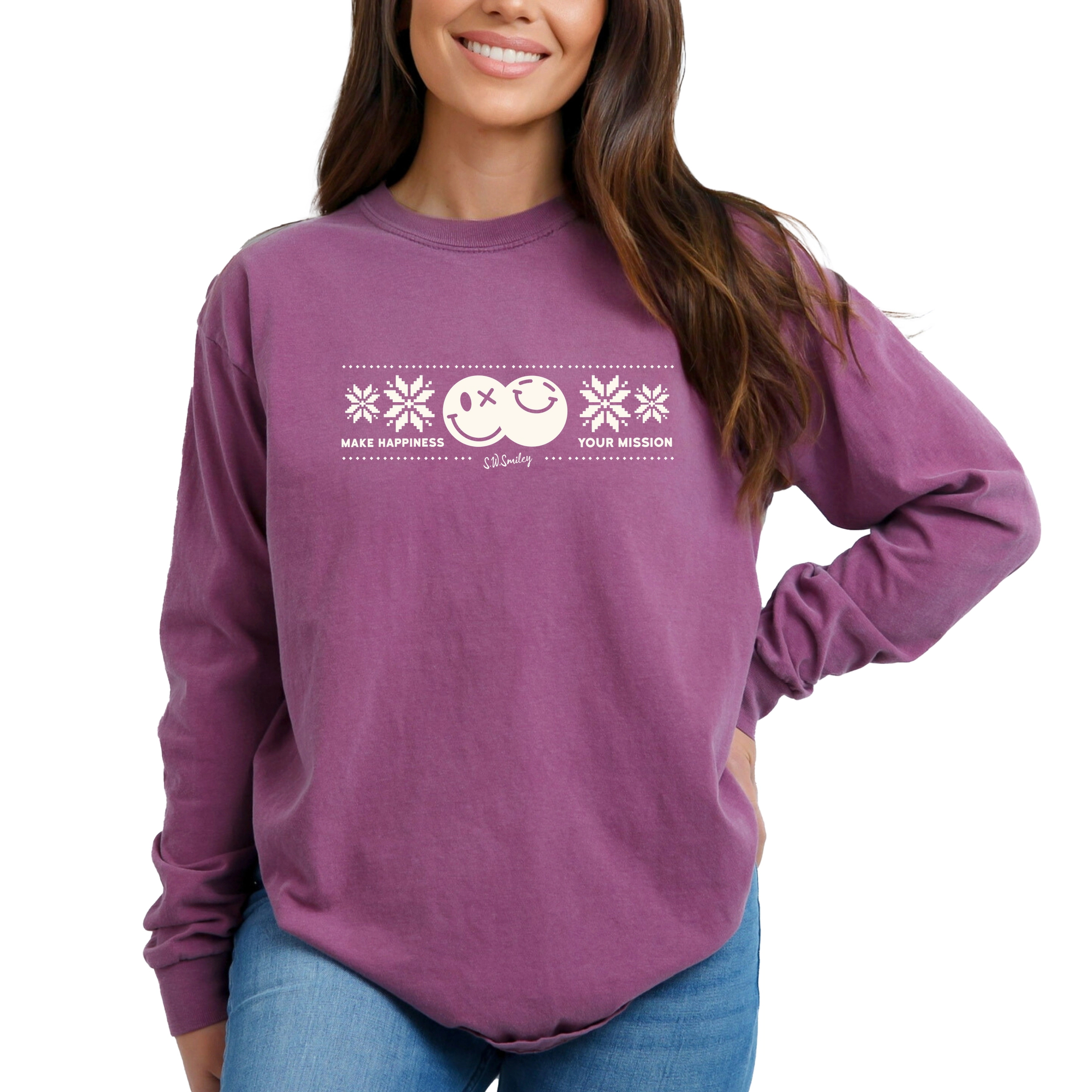 Simply Sage Market - Women's Garment Dyed Long Sleeve Graphic T-Shirt S.W.Smiley Make Happiness Your Mission Cream