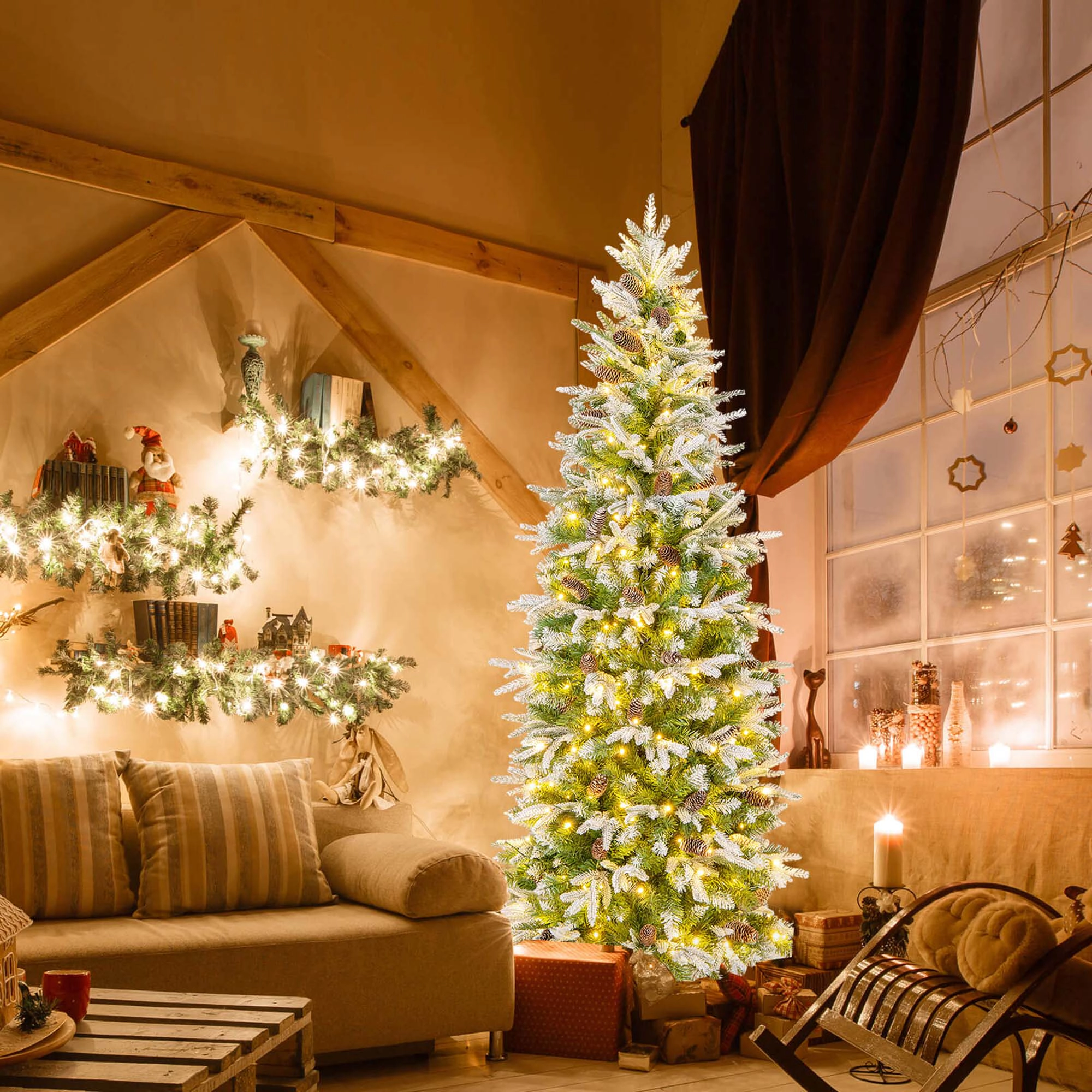 Costway 6/7.5/9 FT Flocked Christmas Tree with 913 PE PVC Branch Tips 280/350/470 Warm LED Lights