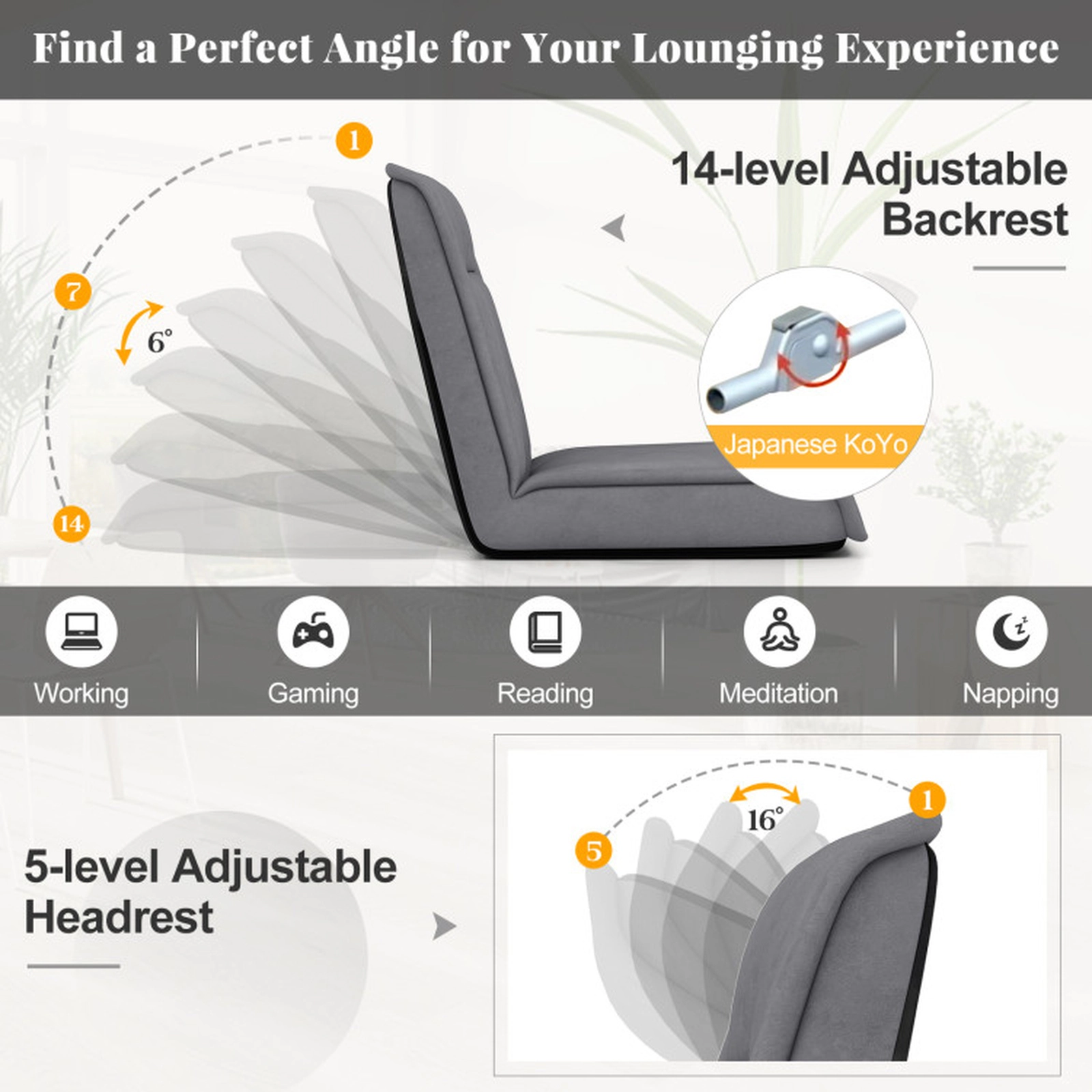 SUGIFT 14-Position Recline 5-Position Headrest Faux Suede Folding Floor Chair 56.5-in x 25-in 330-lb Capacity Gray