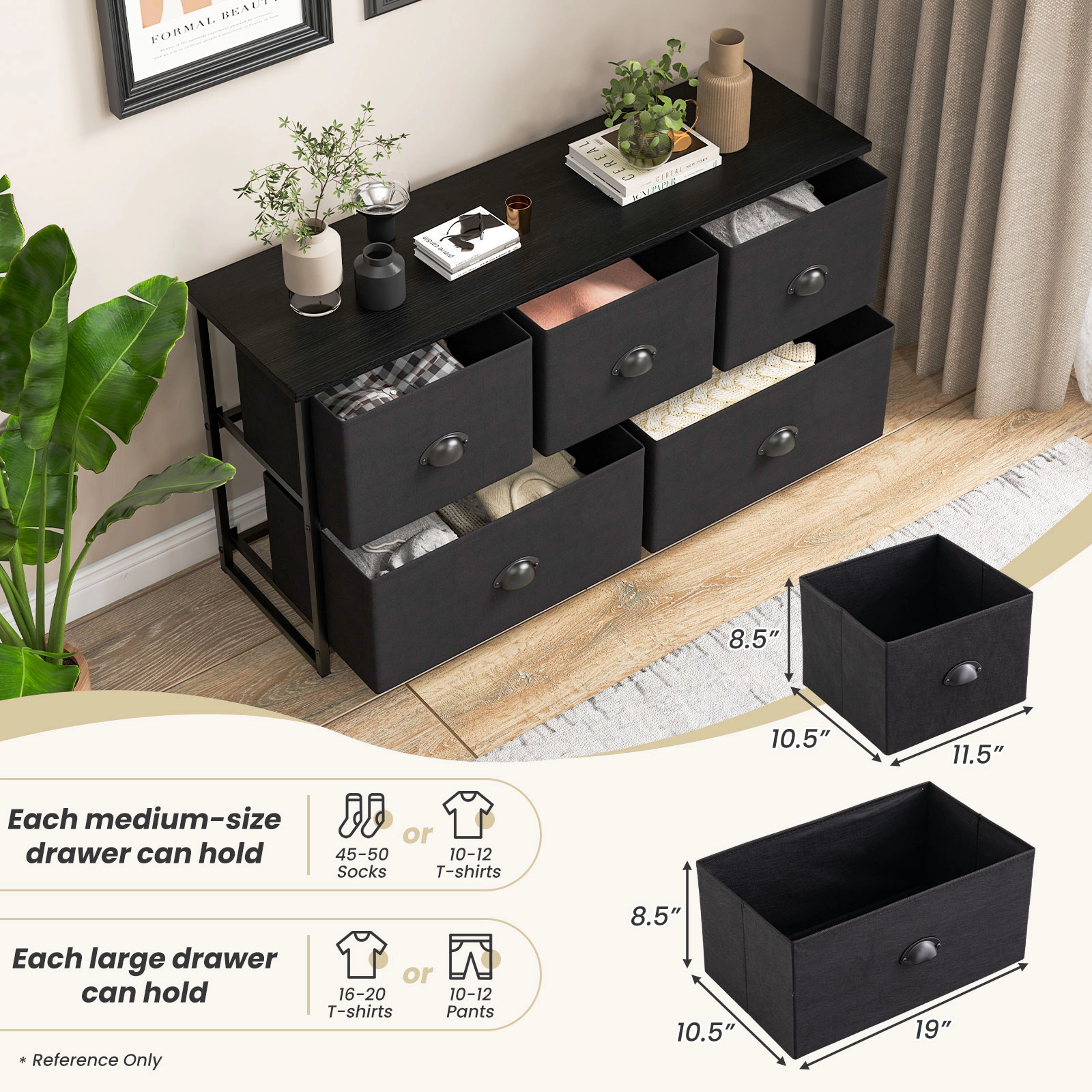 Glintex 5-Drawer Fabric Dresser with Steel Frame and Removable Cloth Bins
