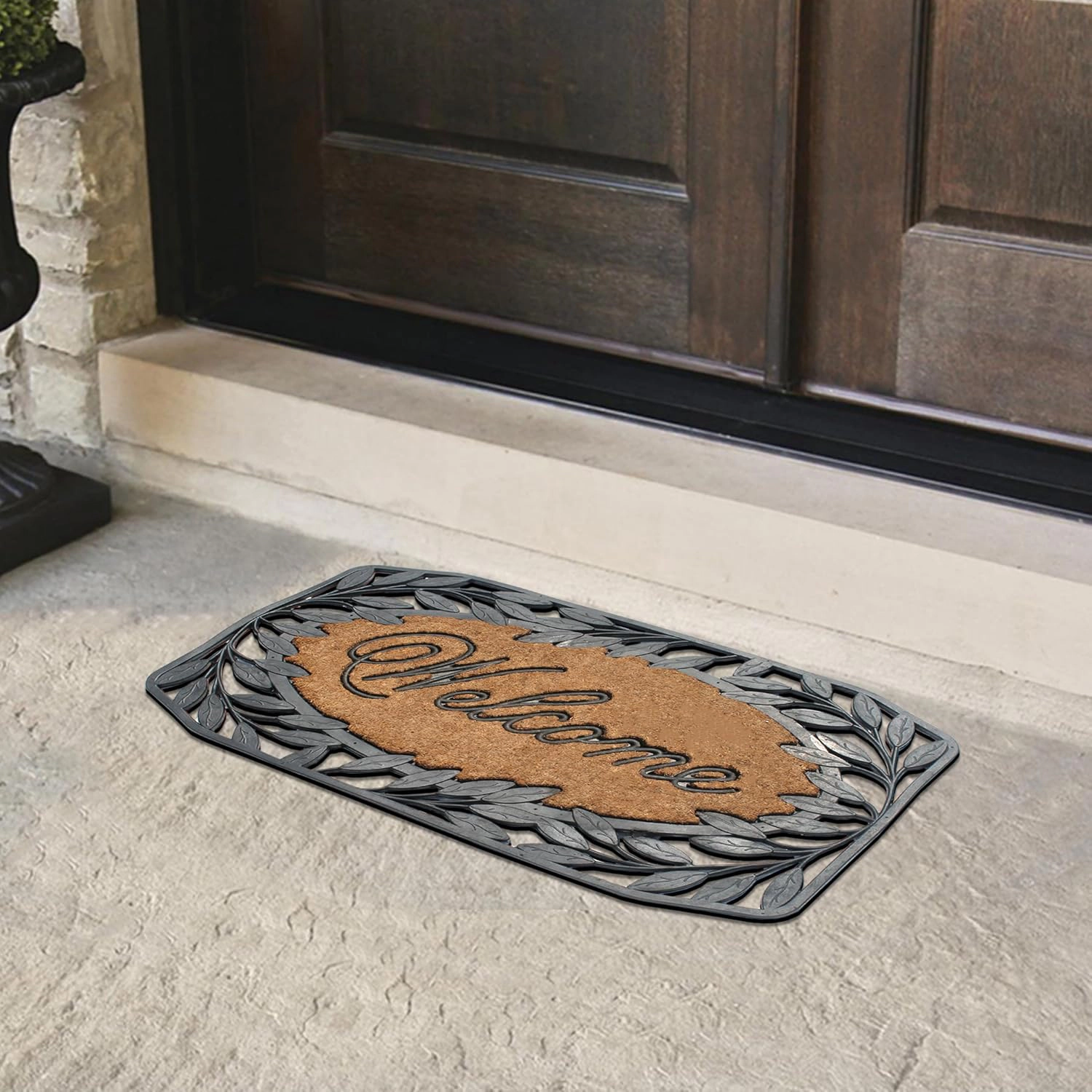 A1 Home Collections Oval Coir and Rubber Door Mat 38x23 Inches Anti-Shed Heavy Duty Non-Slip Leaf Border Welcome Black