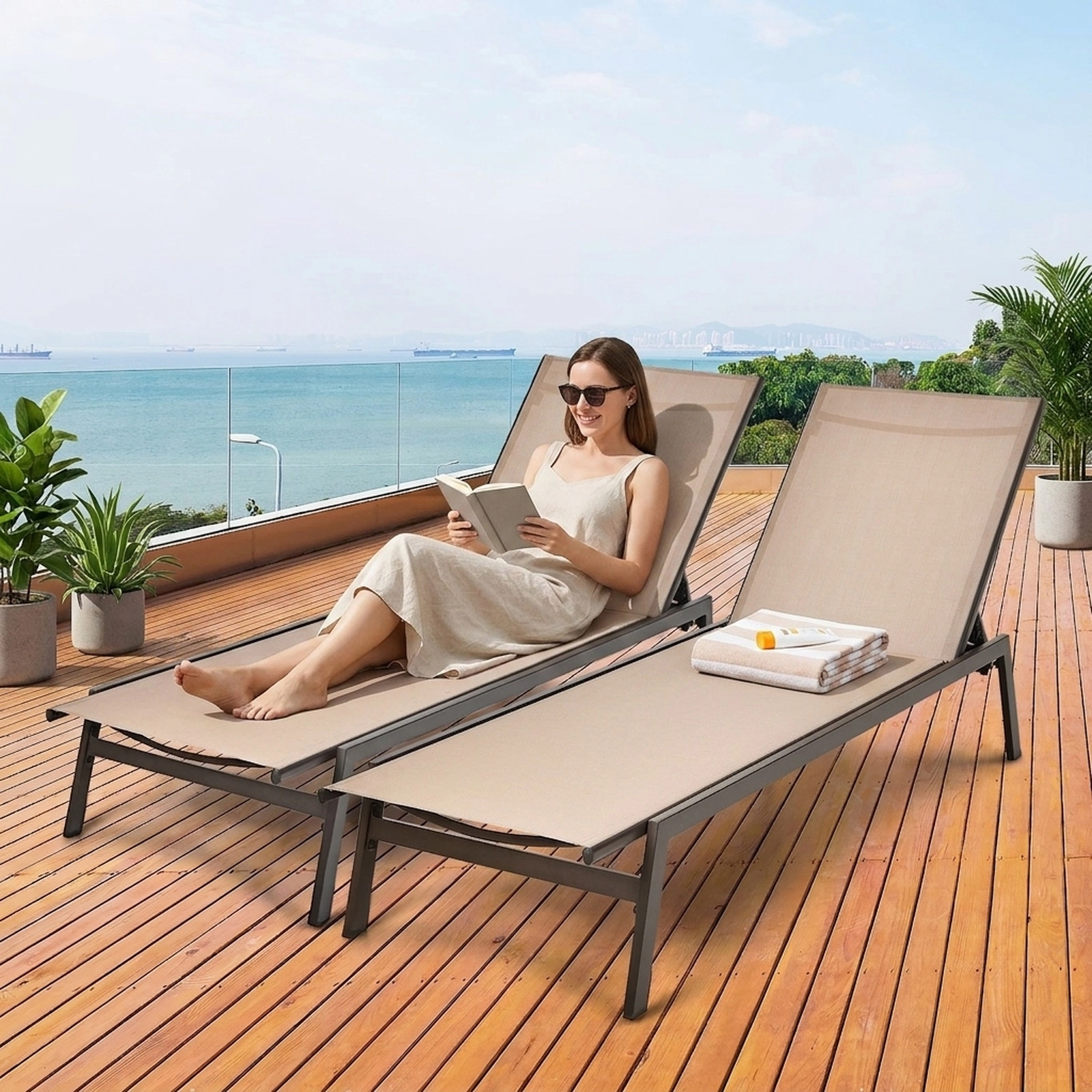 SUGIFT Brown Outdoor Reclining Chaise Lounge with 6-Position Adjustable Backrest