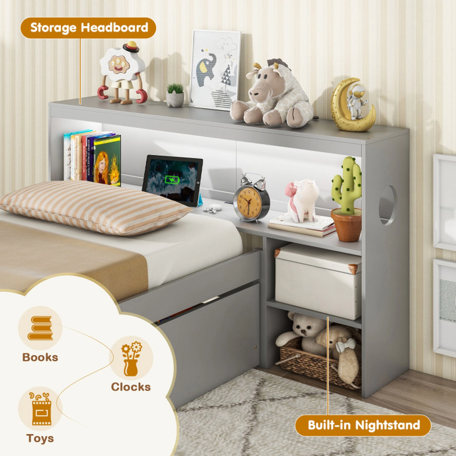 SUGIFT Gray LED Light Bookcase Headboard Drawers and USB Ports Twin Size Bed Frame