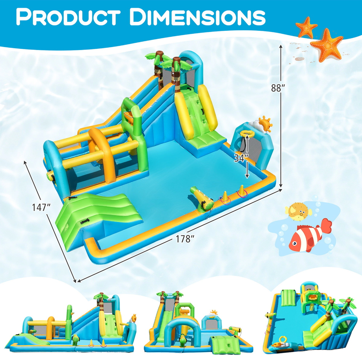SUGIFT Tropical Dual Slide Climbing Wall and 735W Blower Kids Inflatable Water Slide Aqua Park