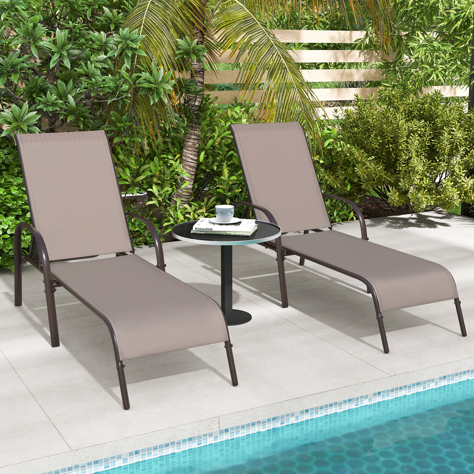 SUGIFT 2-Piece Adjustable Outdoor Patio Chaise Lounge Chair Set Fabric Seat Reclining Armrests 350-lb Capacity Brown