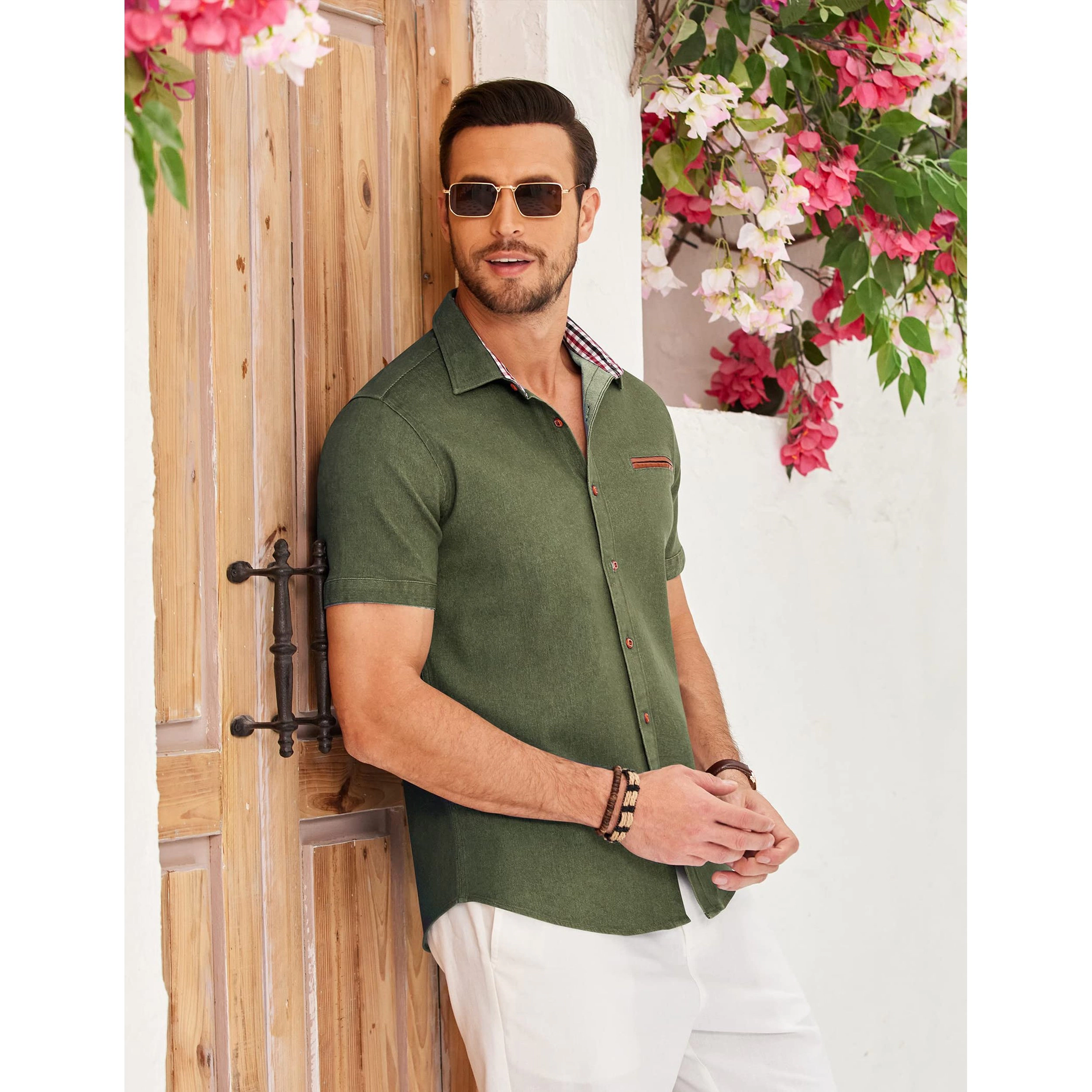 COOFANDY Mens  Short Sleeve Button Down Shirt Lapel Collar Plaid Casual Tops