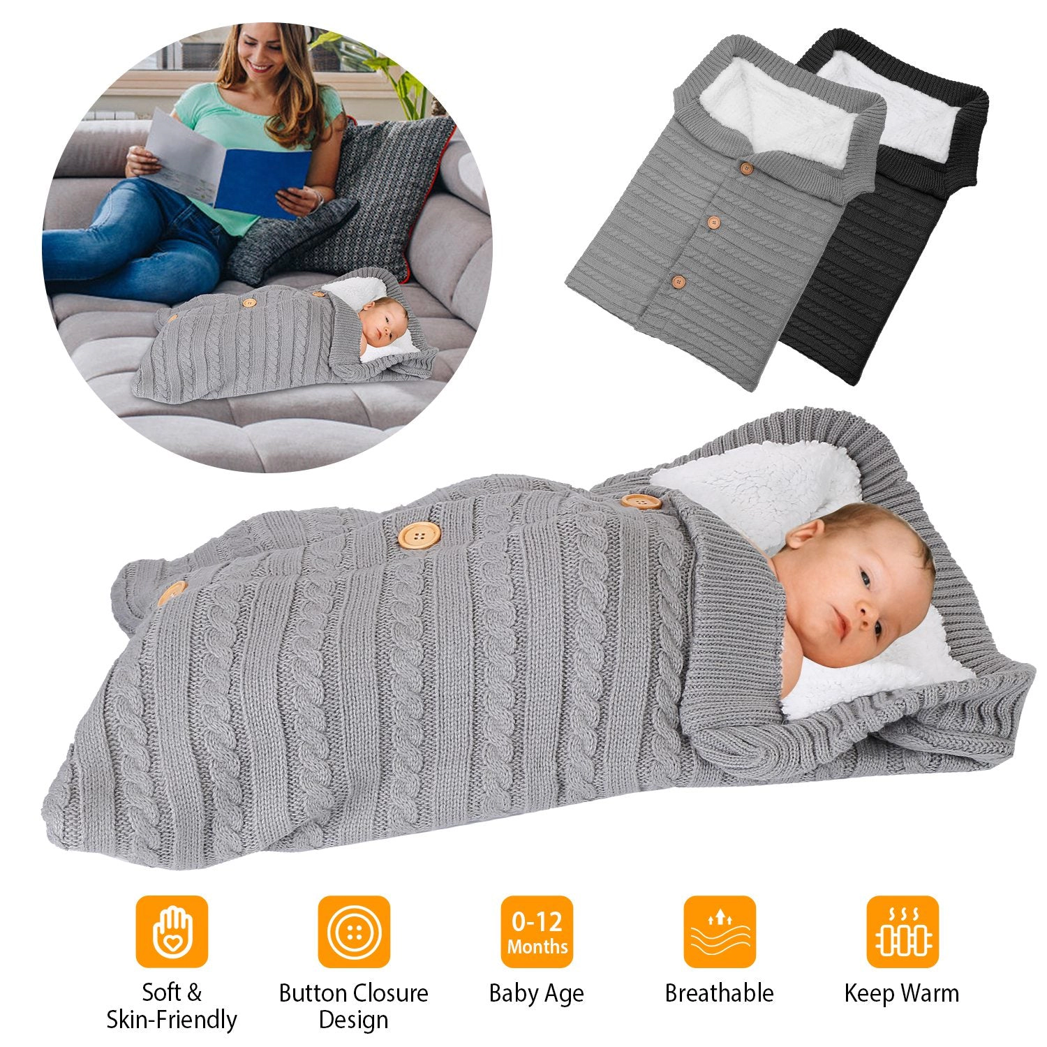 GBruno Knit Swaddle Blanket With Button Closure