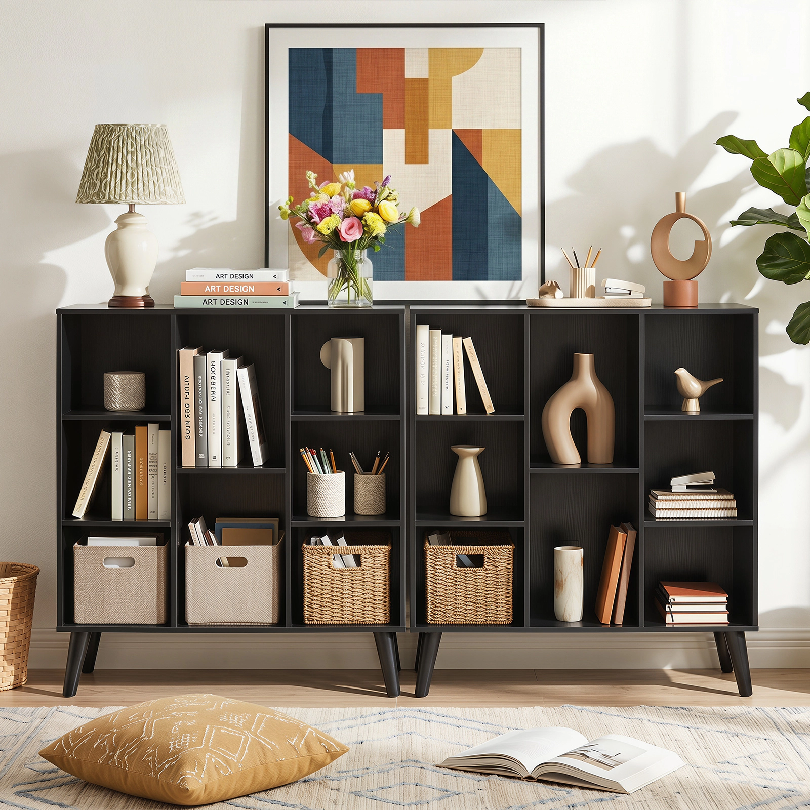 Costway 8-Cube Bookshelf, 3-Tier Bookcase with Elevated Metal Legs for Living Room & Office Rustic Brown