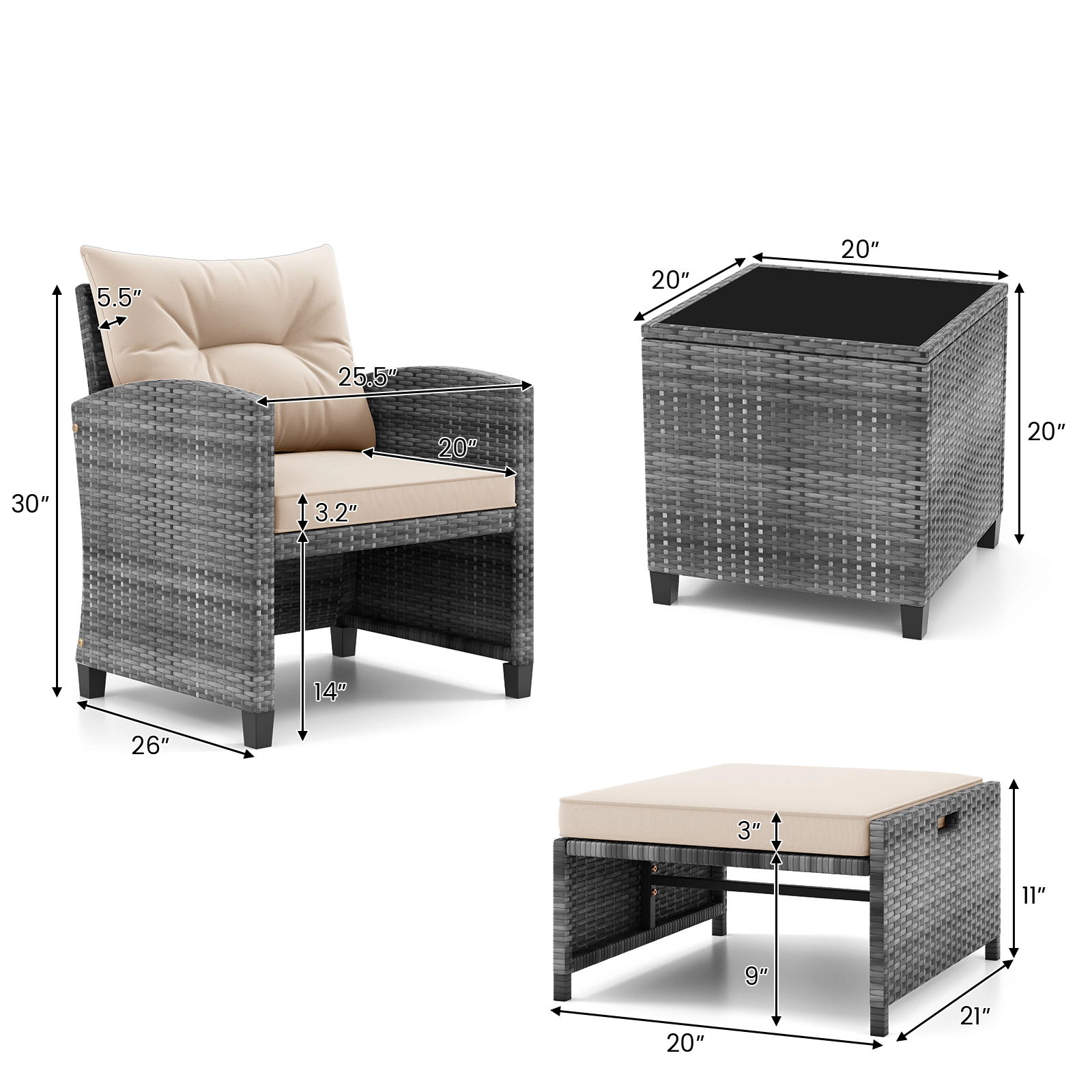 SUGIFT 5-Piece Mix Gray PE Rattan Patio Set with 2 Chairs, 2 Ottomans and Glass Table