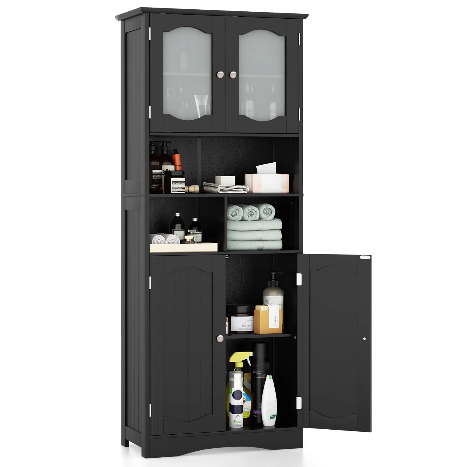 Glintex 58.5-Inch Linen Cabinet with Frosted Glass Doors and 3 Open Bays
