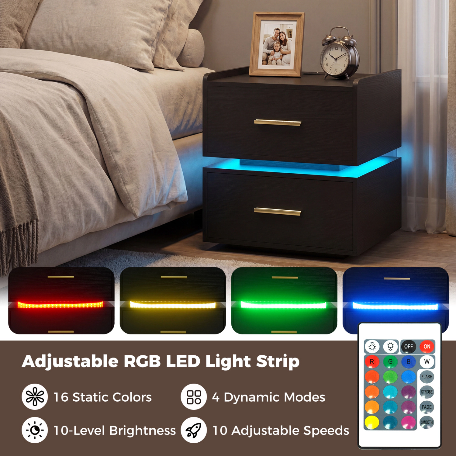 Hivvago LED Bedside Table with Charging Station and 2 Storage Drawers