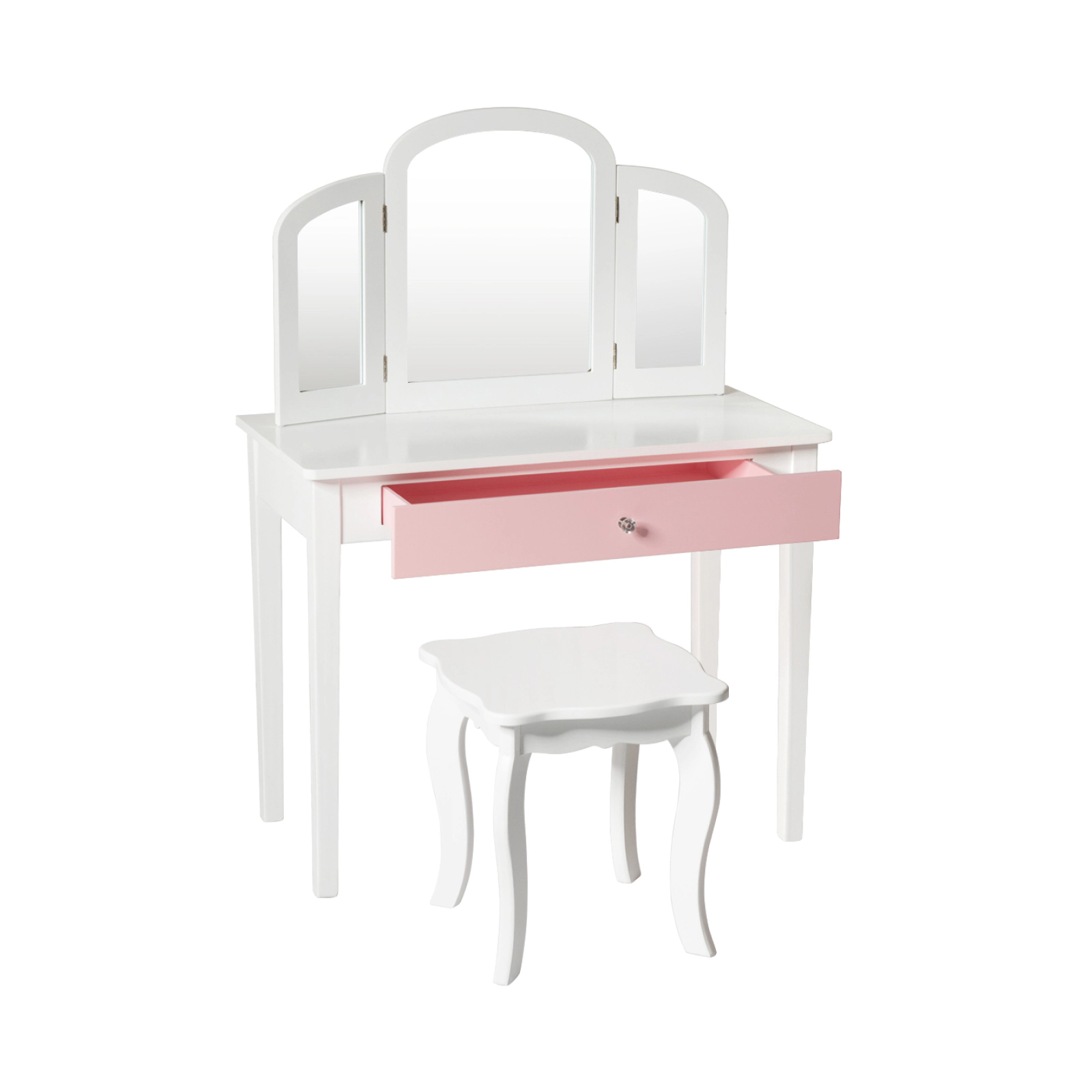 SUGIFT Kids Princess Vanity Set with Stool, Tri-Folding Detachable Mirror, Drawer and Pine Legs