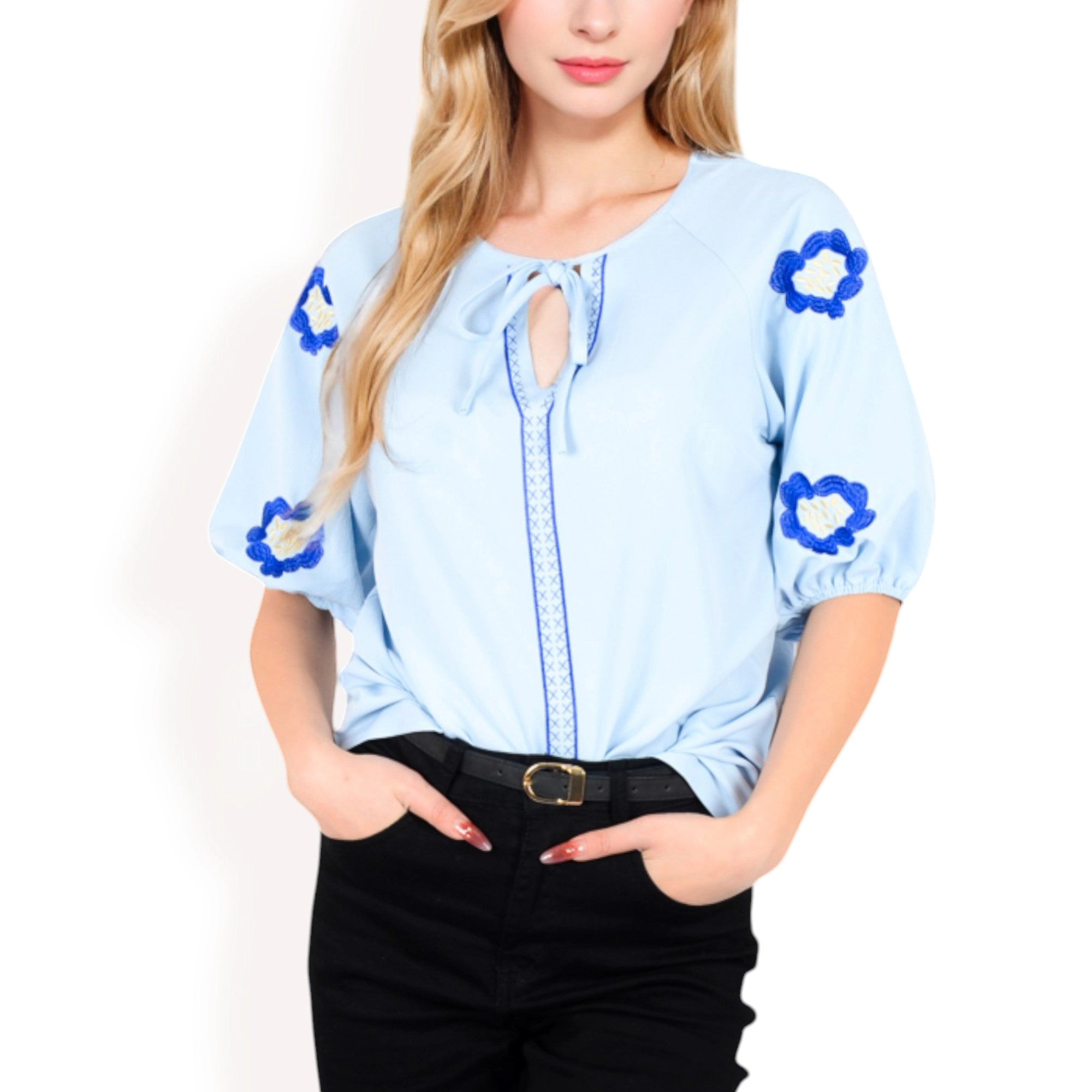 Anna-Kaci Womens Floral Embroidered V-Neck Puff Sleeve Blouse