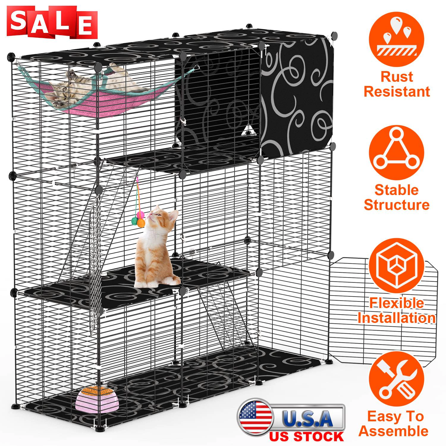 GBruno 3-Tier Wire Cat Cage Enclosure With Hammock