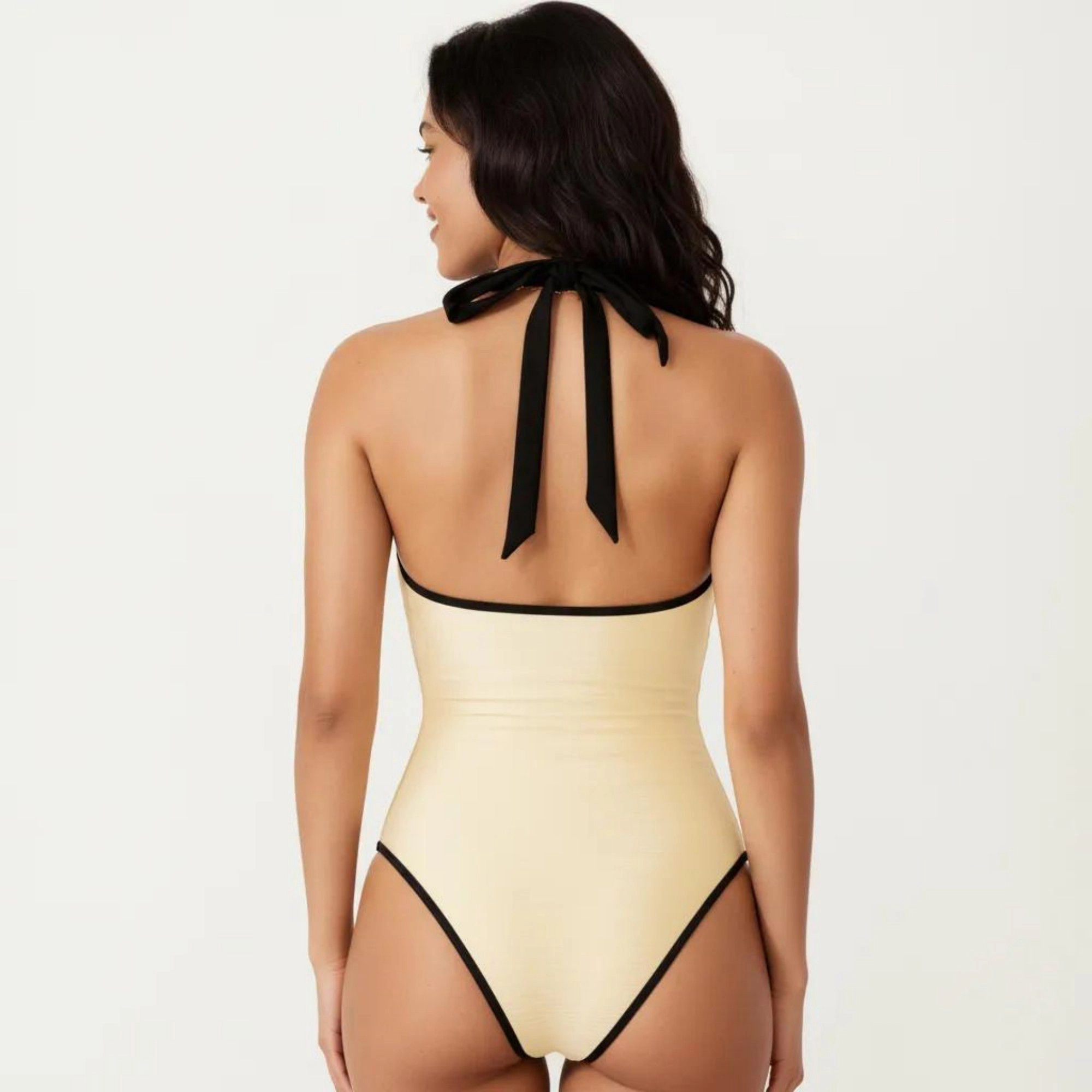 Anna-Kaci Women One Piece Swimsuit - V-Neck Contrast Trim, Double Strap, Ruched Waist, Slim Fit