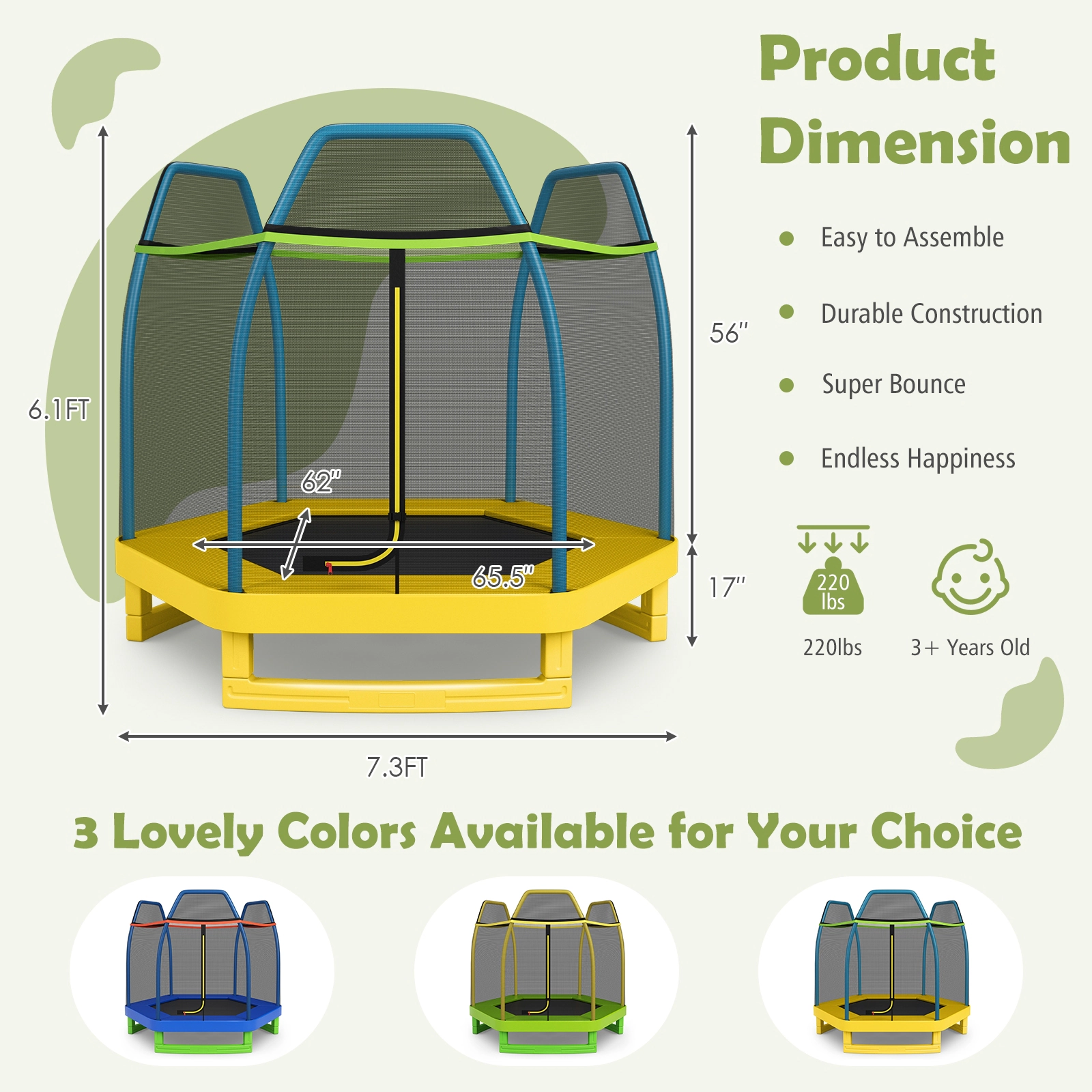 7-ft Kids Trampoline Outside-Mounted Enclosure Net 36 Springs 150-lb Limit Ages 3+ Yellow Recreational Jumper