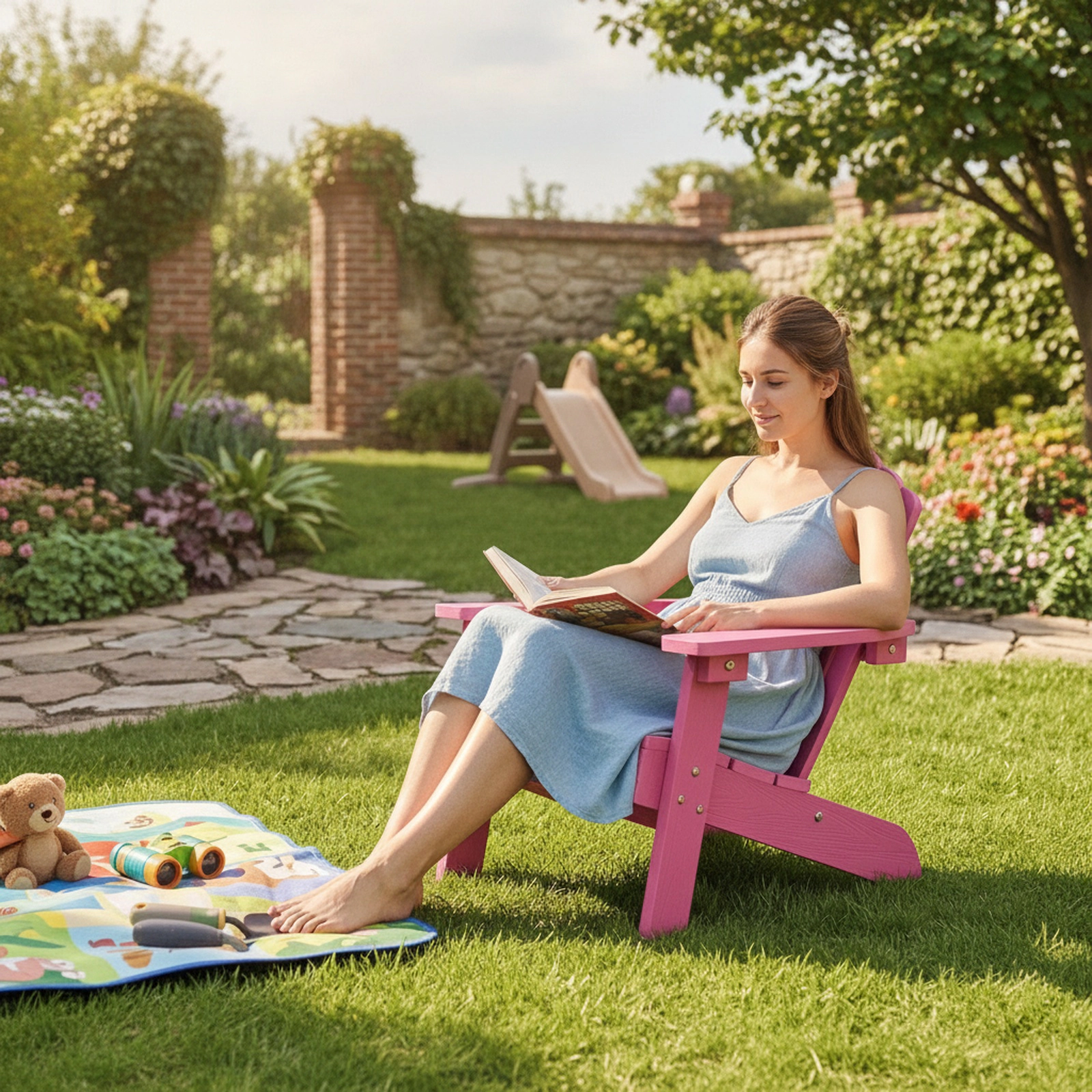 SUGIFT Set of 2 Pink Kids Adirondack Patio Chairs, HIPS, Tilted High Backrest