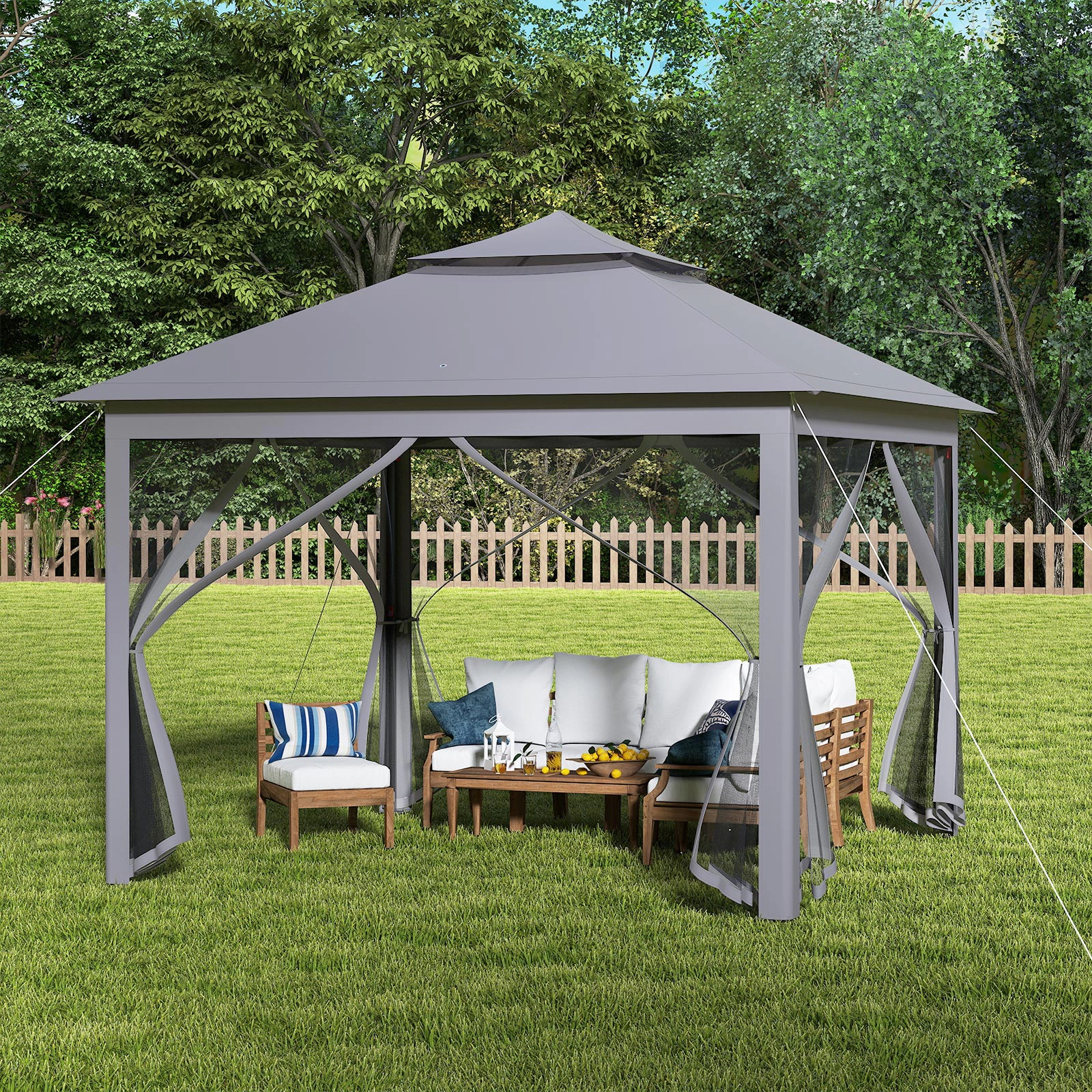 SUGIFT 2-Tier Pop-Up Gazebo Tent with Mesh Screens 11 x 11-ft Portable Canopy Shelter with Carry Bag Brown/Beige