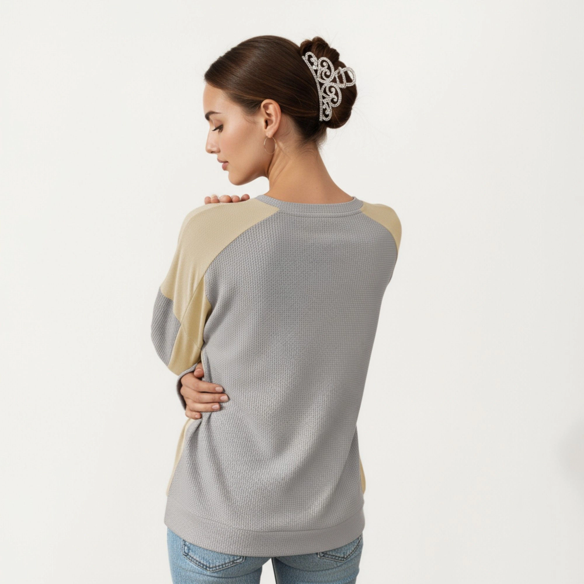Anna-Kaci Women's Colorblock Crew Neck Relaxed Fit Long Sleeve Pullover Top