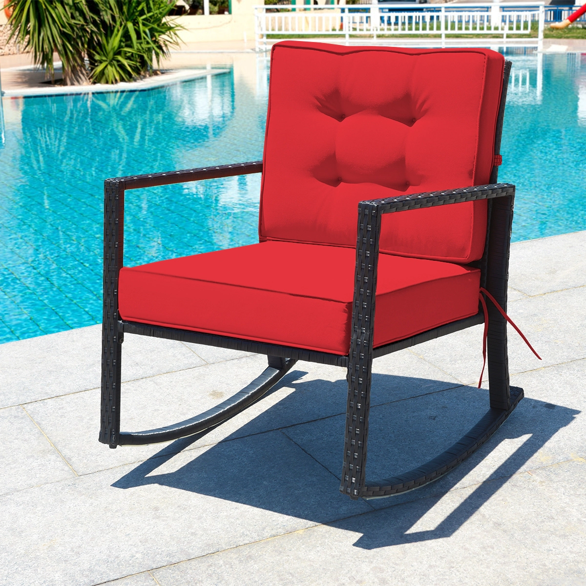 SUGIFT Patio Rattan Outdoor Rocking Glider Chair with Cushions 360-Lb Capacity 20-in Seat Height Single Chair Red