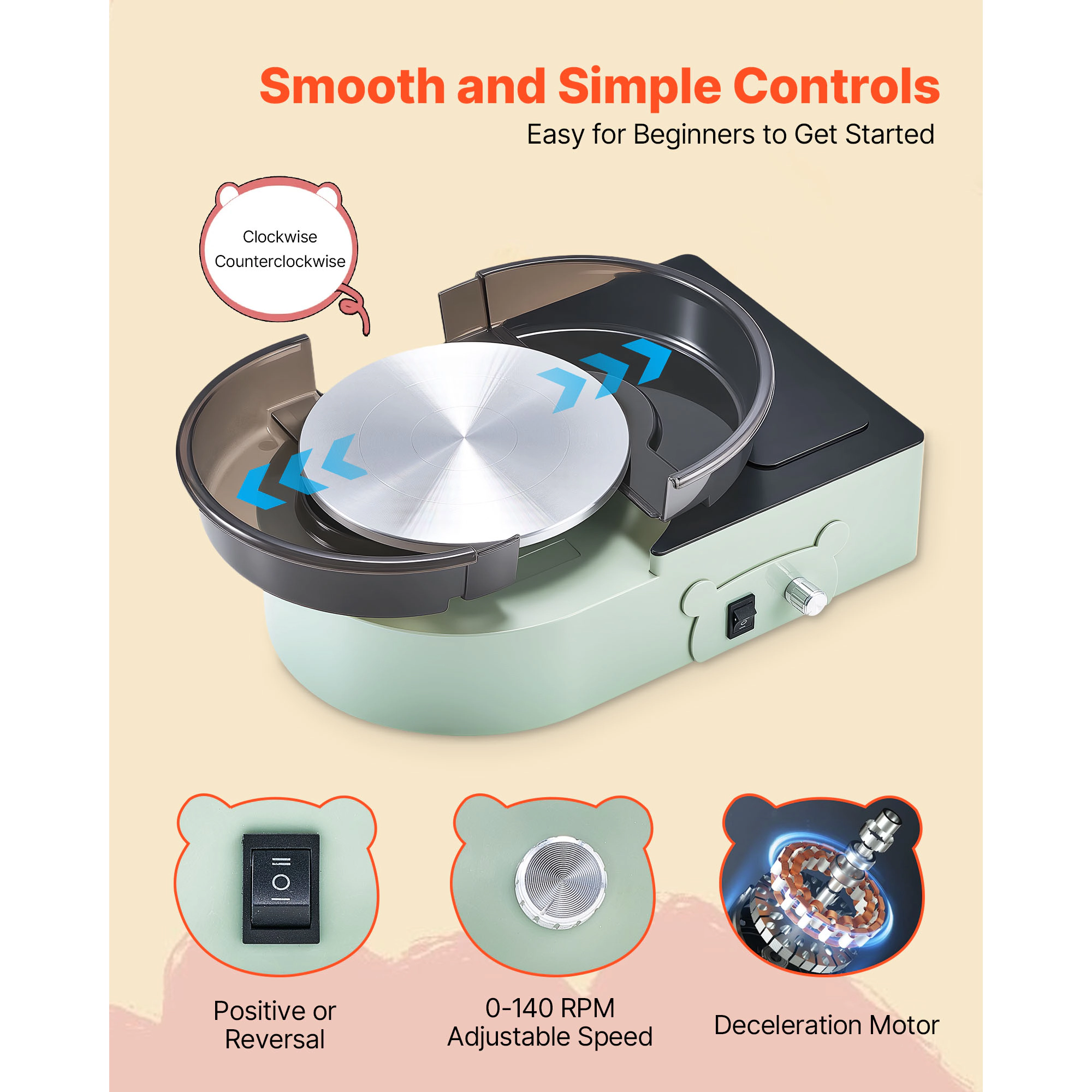 HONGGE Mini Pottery Wheel 6 inch Turntable Forward and Reverse Rotation Adjustable Speed Electric Clay for Kids