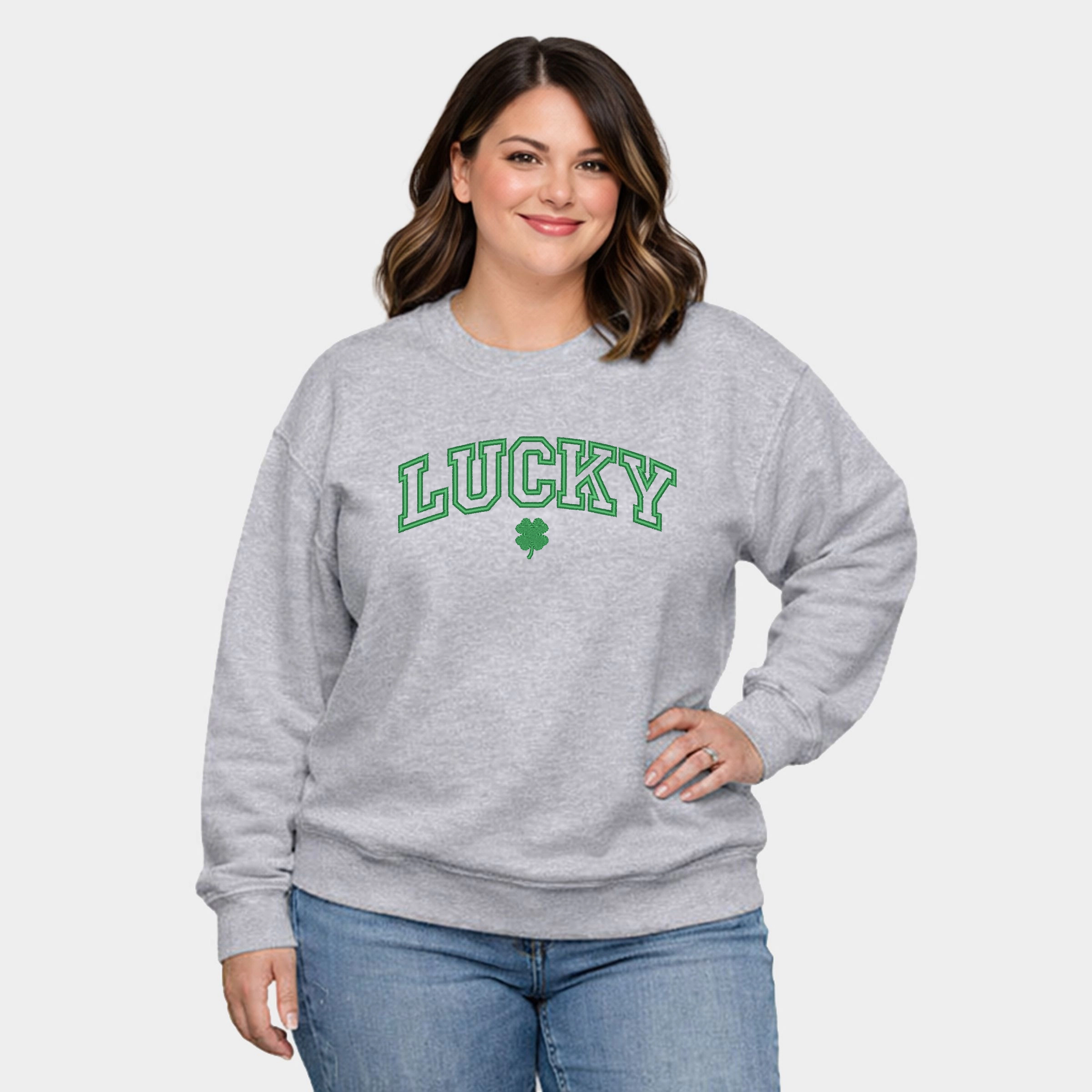 Simply Sage Market - Embroidered Lucky Varsity Clover  Women's Plus Sized Graphic Sweatshirt