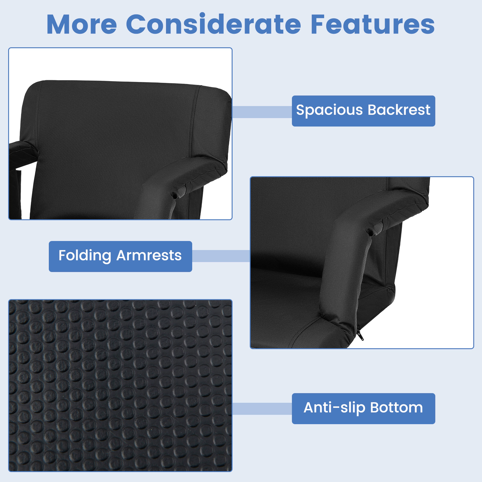 SUGIFT 6-Position Adjustable Backrest Stadium Seat Cushion Ottoman 330-lb Capacity 24.5-in Wide 8-lb Portable Black
