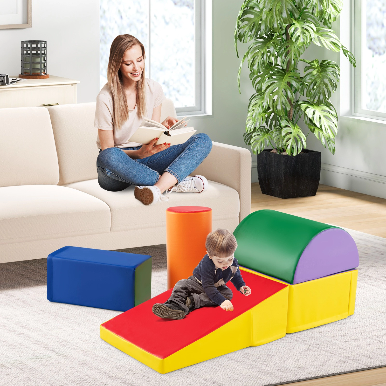 SUGIFT 5-Piece Foam Climb and Crawl Activity Playset with EPE Foam and PU Cover Multicolor Purple/Red/Navy/Green/Pink