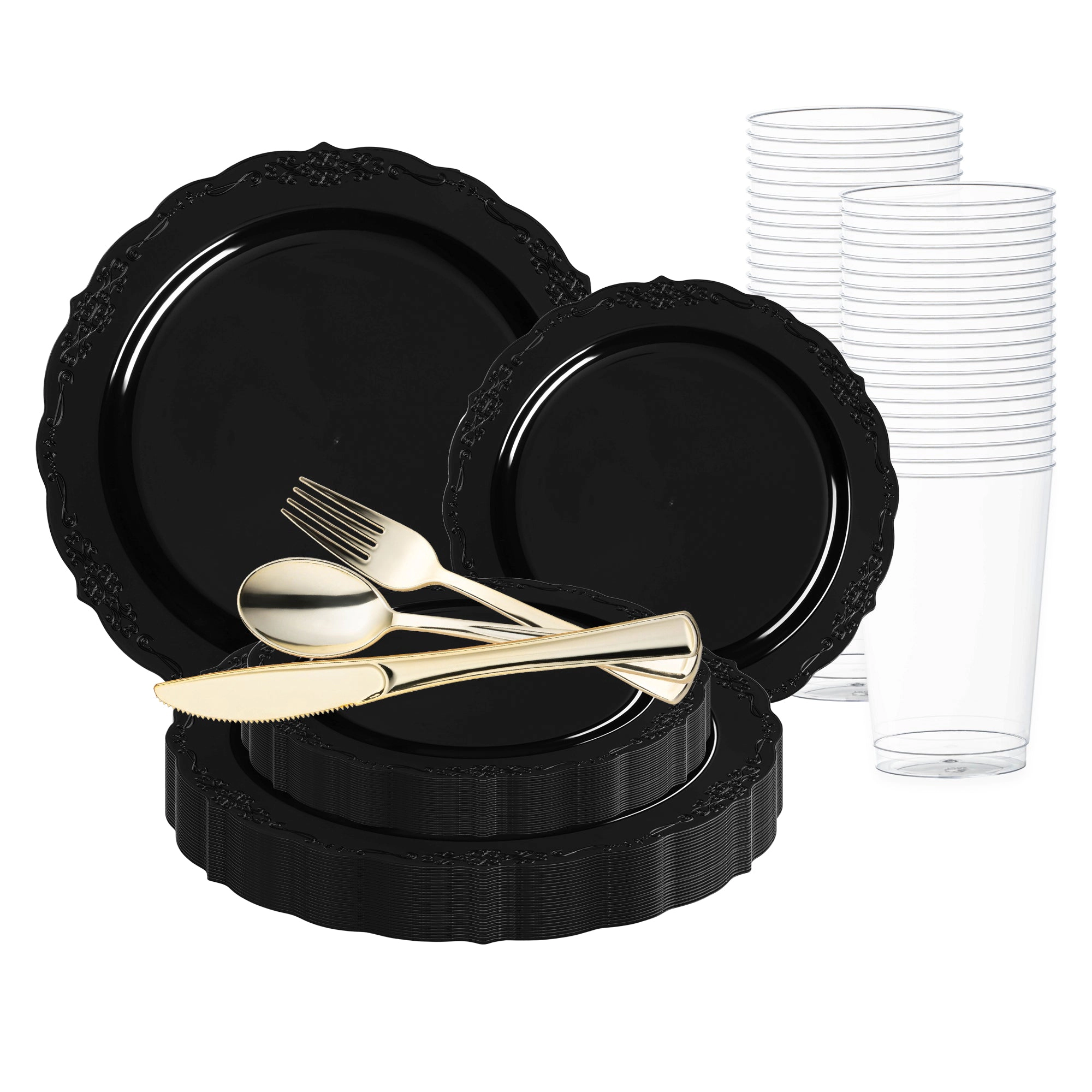 Smarty Had A Party Black Vintage Rim Round Disposable Plastic Wedding Value Set