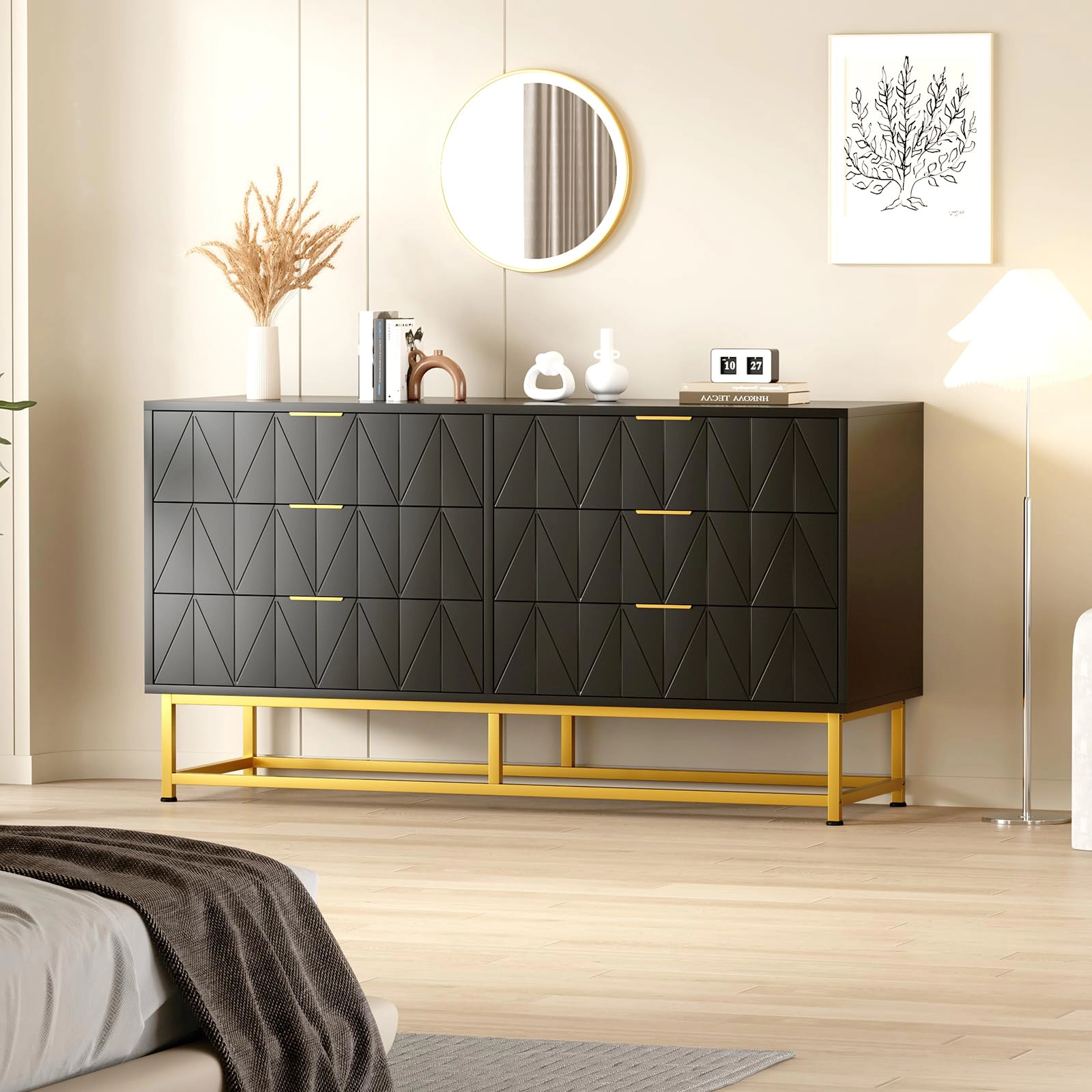 Modern 6 Drawer Wood Dresser with Metal Legs, Wide Storage Chest Organizer for Bedroom Living Room