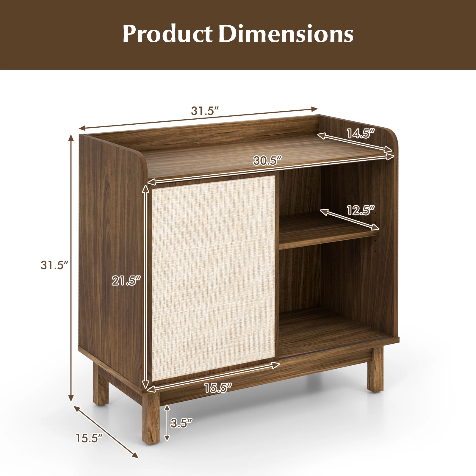 SUGIFT Sliding Rattan Door 5-Position Shelves Buffet Sideboard 31.5-in x 15.5-in x 31.5-in 46-lb Net Weight Walnut
