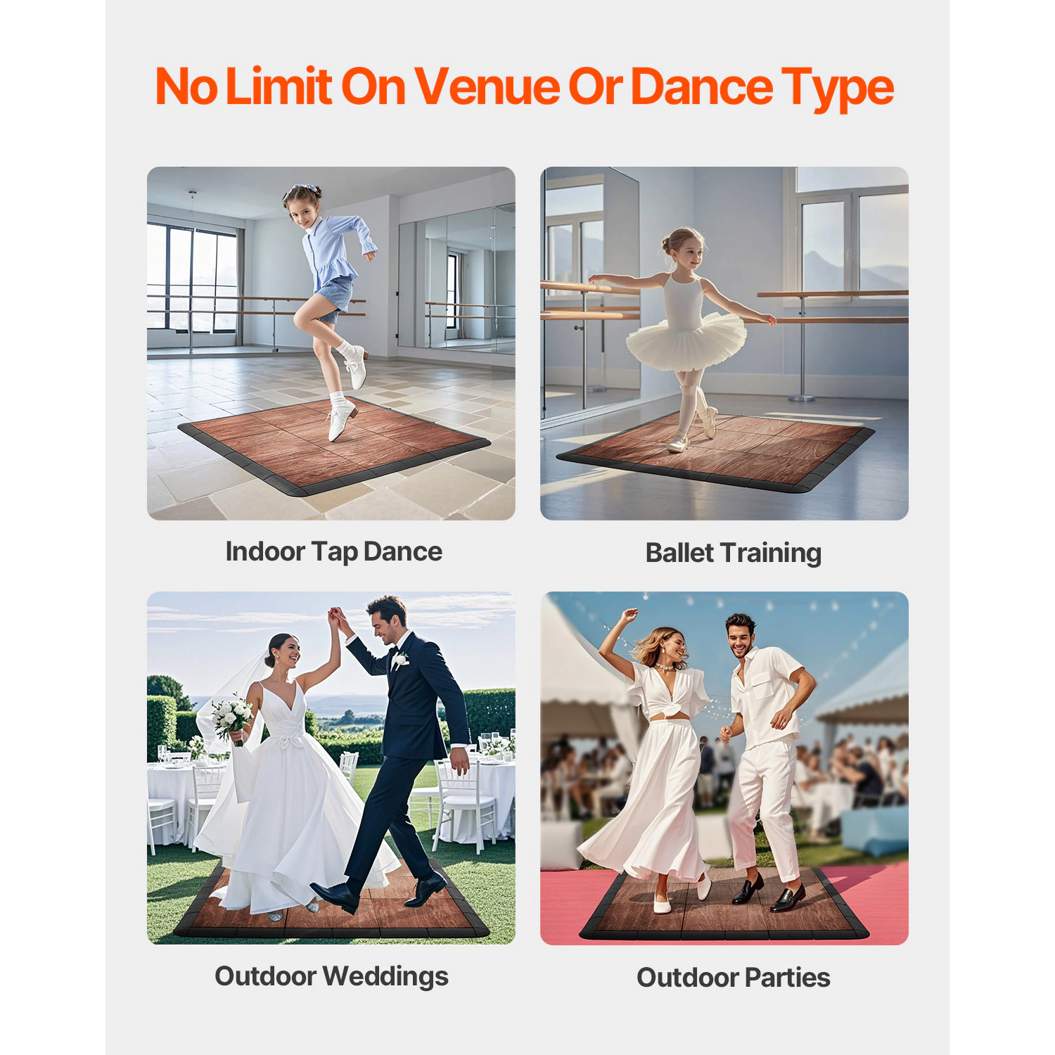HONGGE Interlocking Dance Floor Tiles, 52-Piece Set, 12.4 x 12.4 in, Oak Wood Grain, Cushioned Practice Flooring
