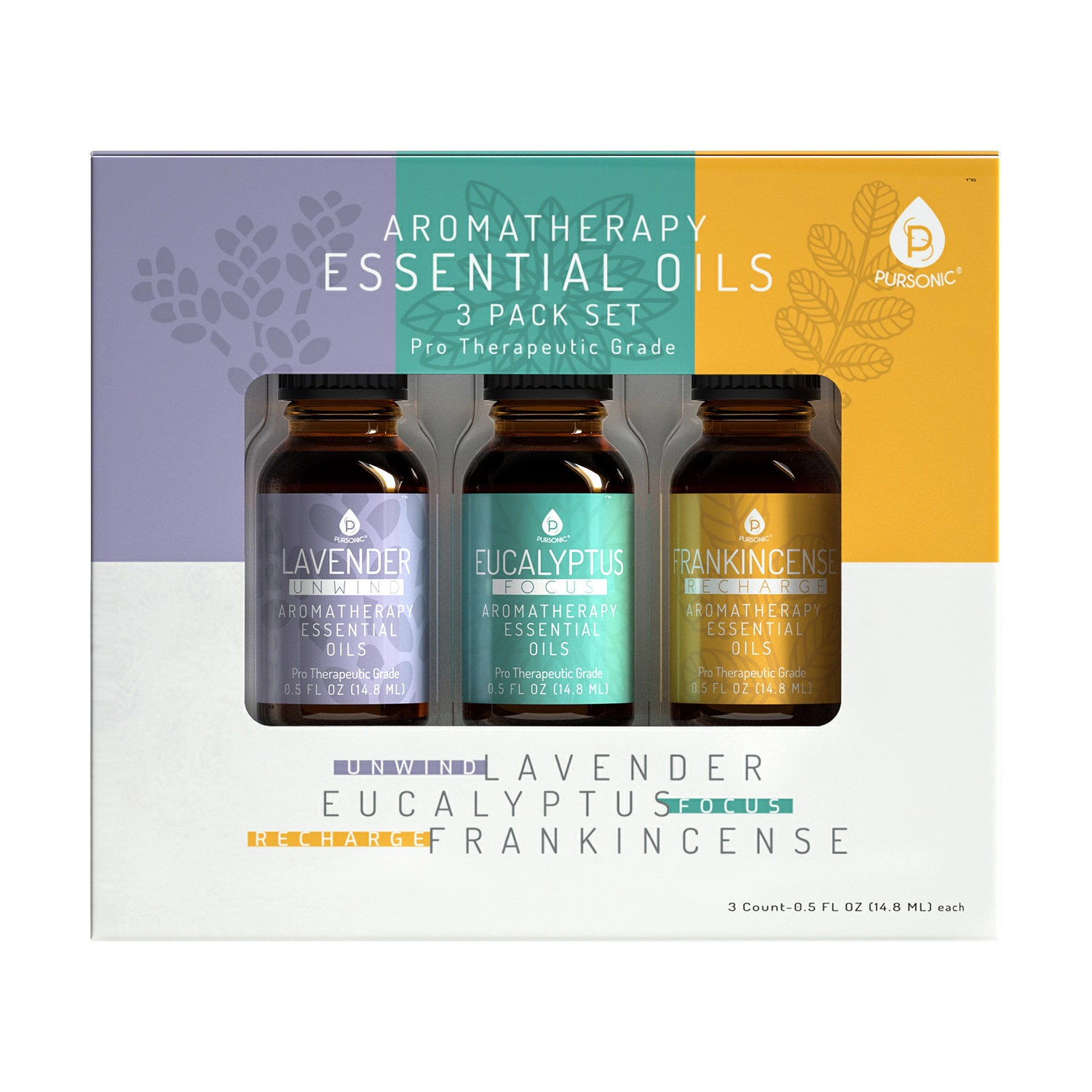 Pursonic Unisex 3 Pack Aromatherapy Essential oils (Lavender, Eucalyptus, Frankincense)